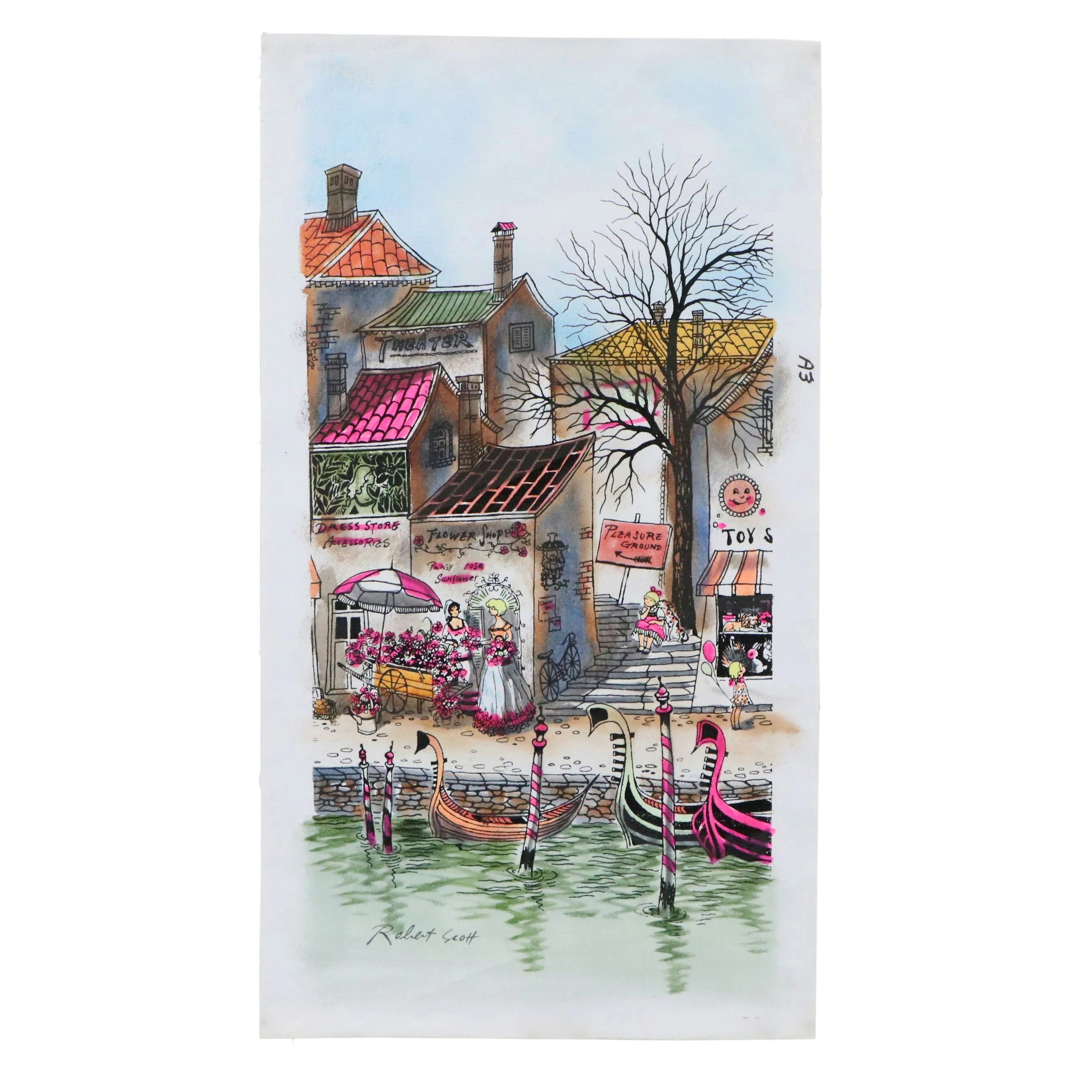 Robert Scott Mixed Media Painting of European Canal Scene