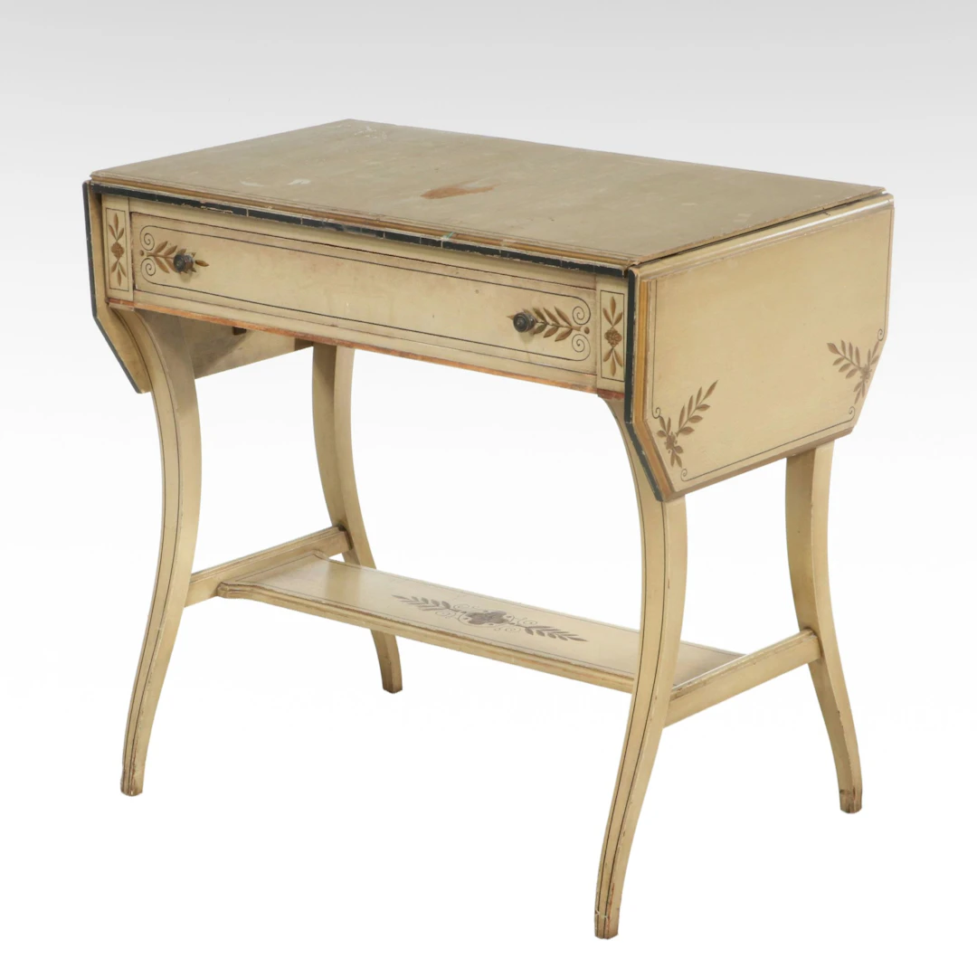 Paint-Decorated Wood Pembroke Table with Single Drawer, Late 20th Century