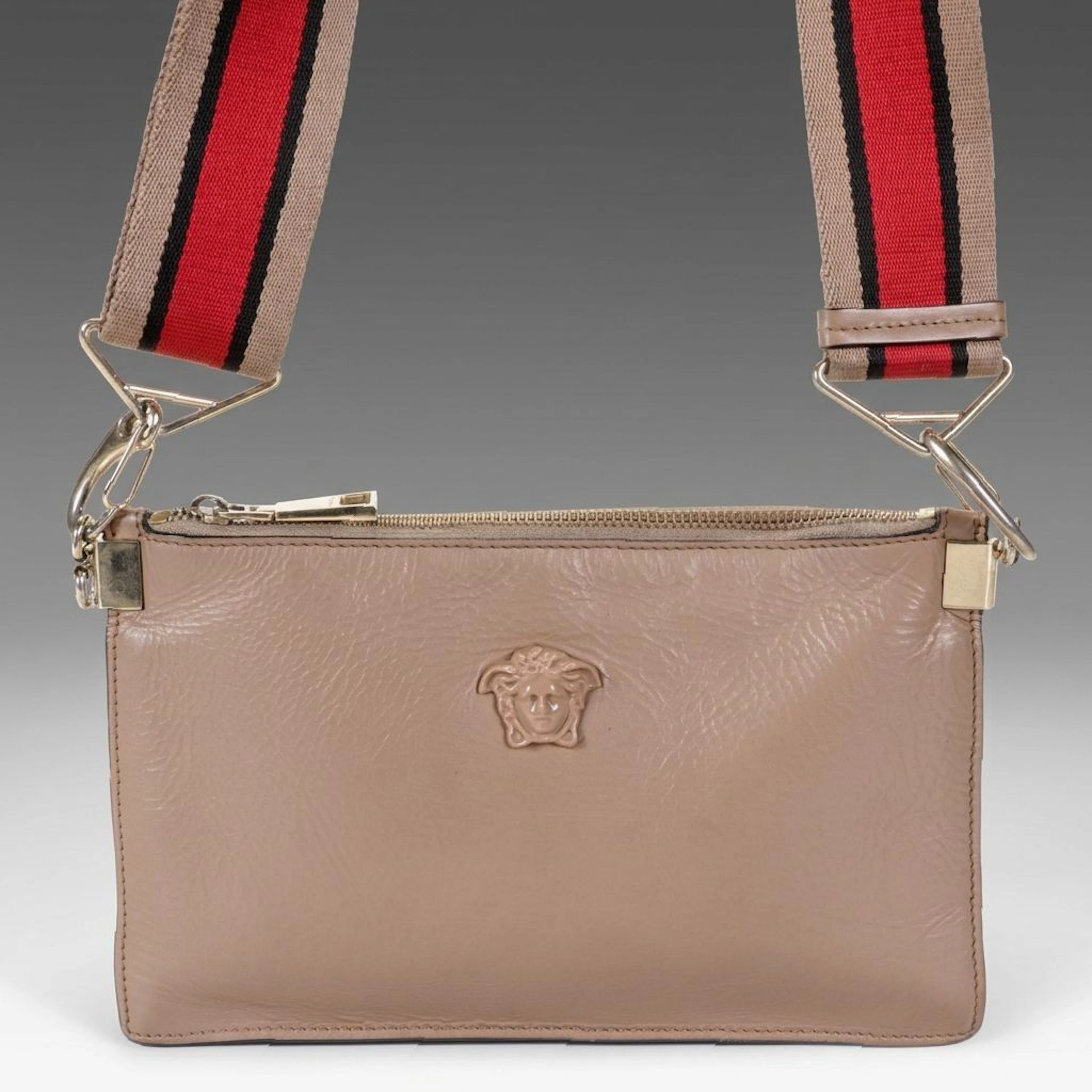 Versace Palazzo Medusa Embossed Zip Clutch with Crossbody Strap