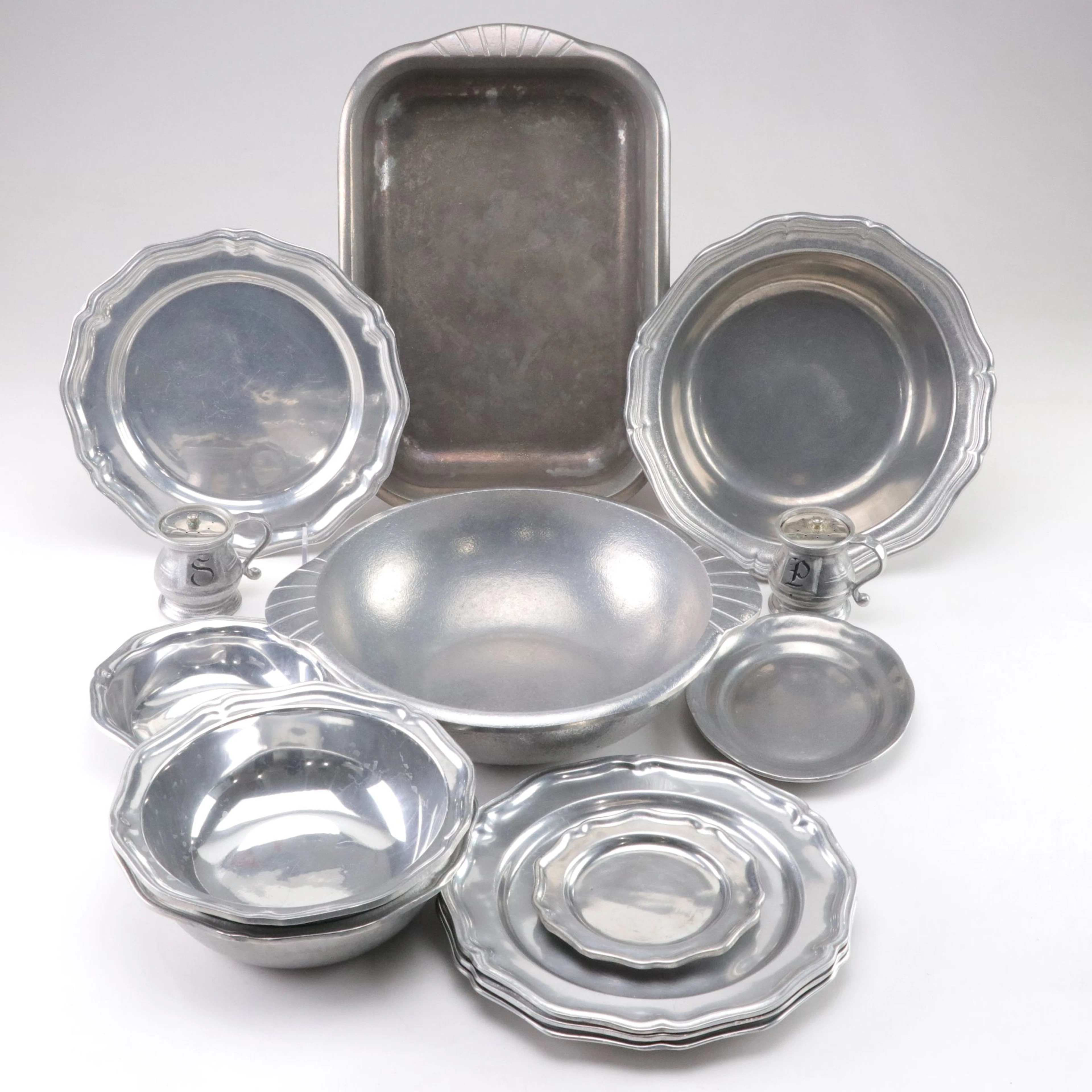Wilton and Other Pewter Bowls, Plates, Baking Pan, and Salt and Pepper Shakers