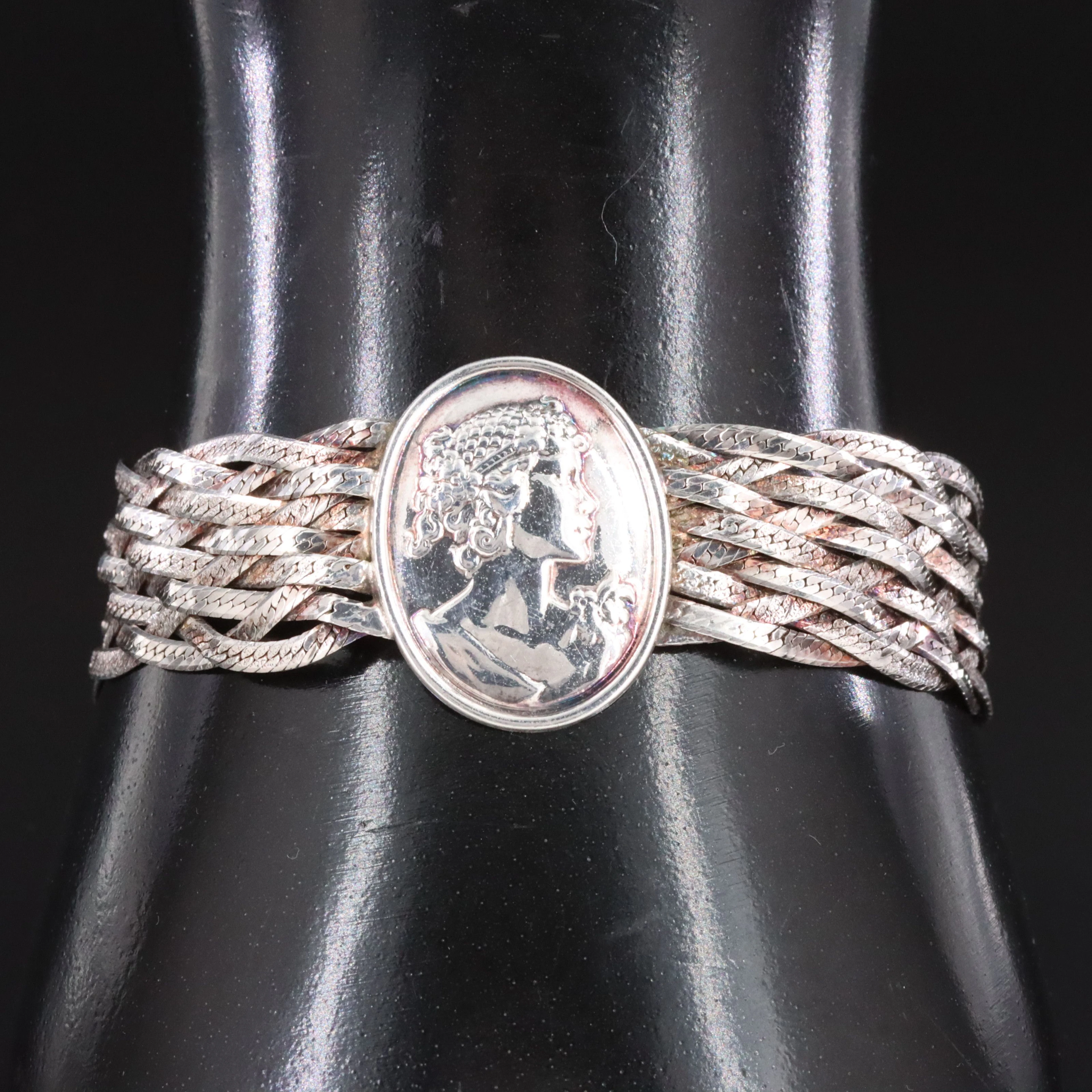 Sterling Cameo and Braided Herringbone Chain Bracelet