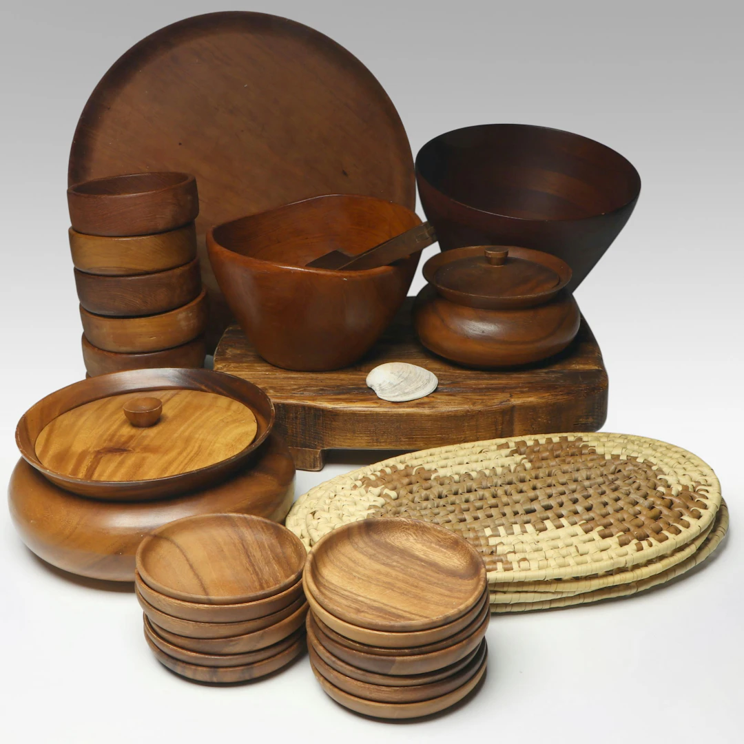 Rainbow Danish Modern Round Platter with Other Wooden Bowls and Tableware