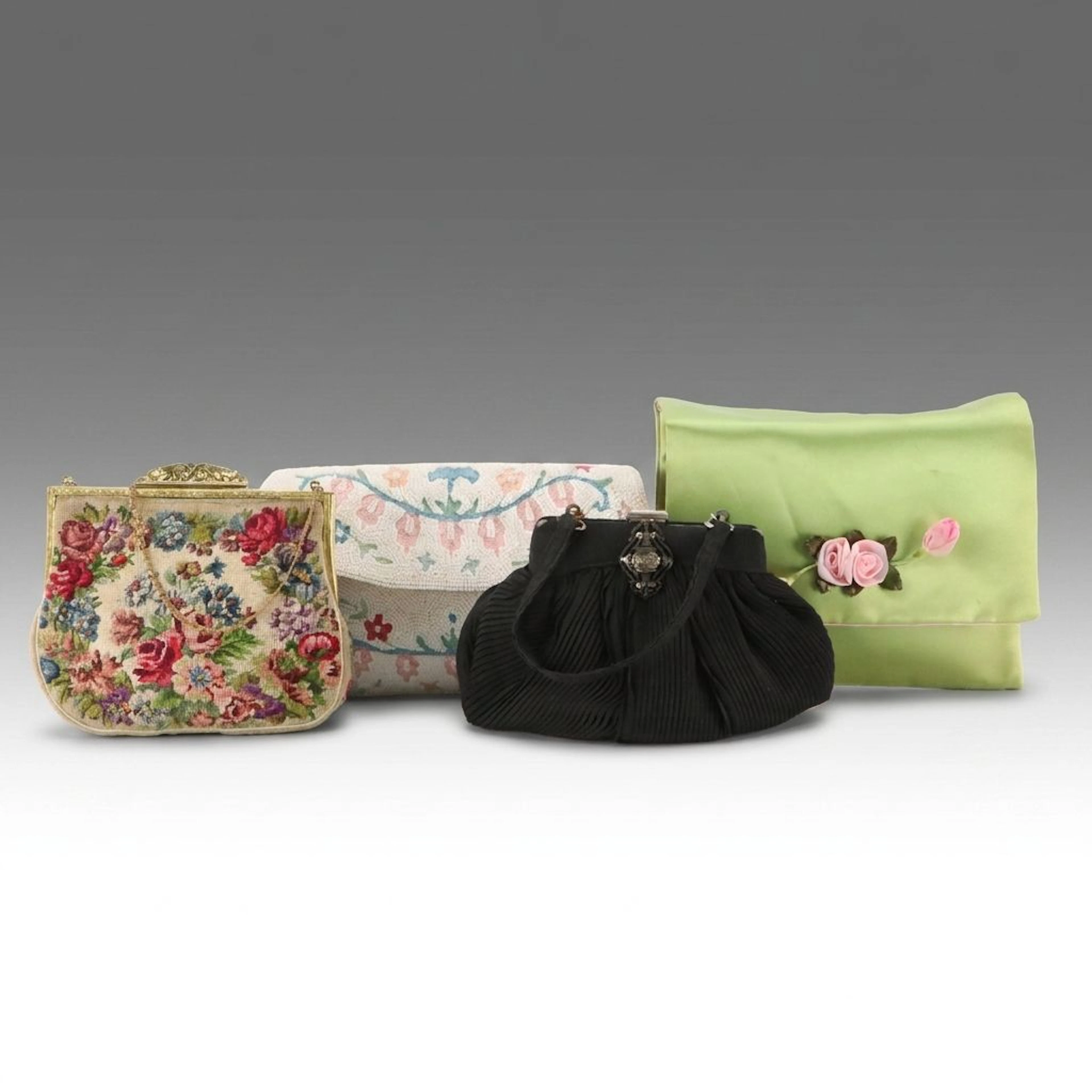 Vintage Evening Bags in Plissé Silk, Petit Point, and Glass Bead with