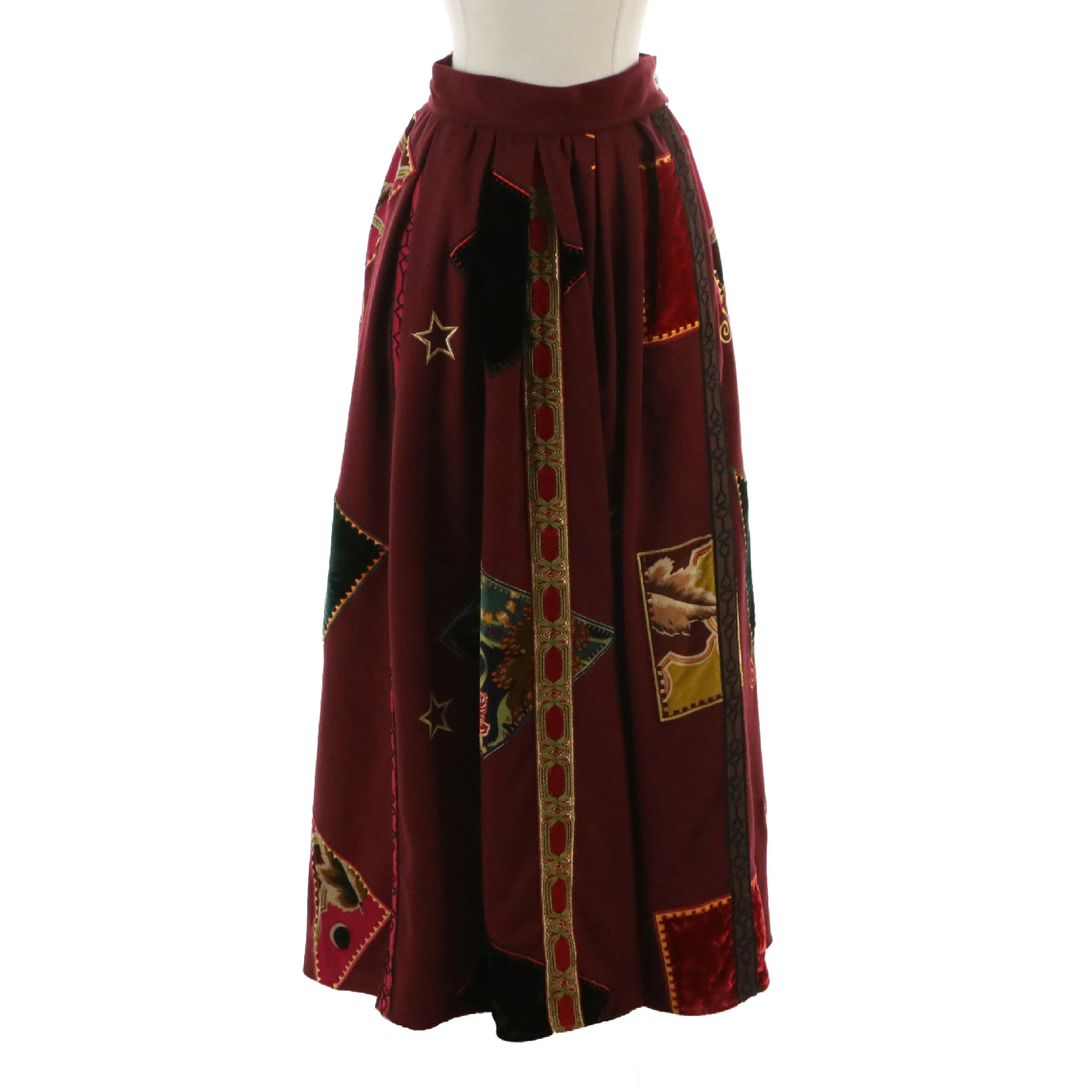 Christian Lacroix Appliqué/Embroidered Pleated Wool Maxi Skirt