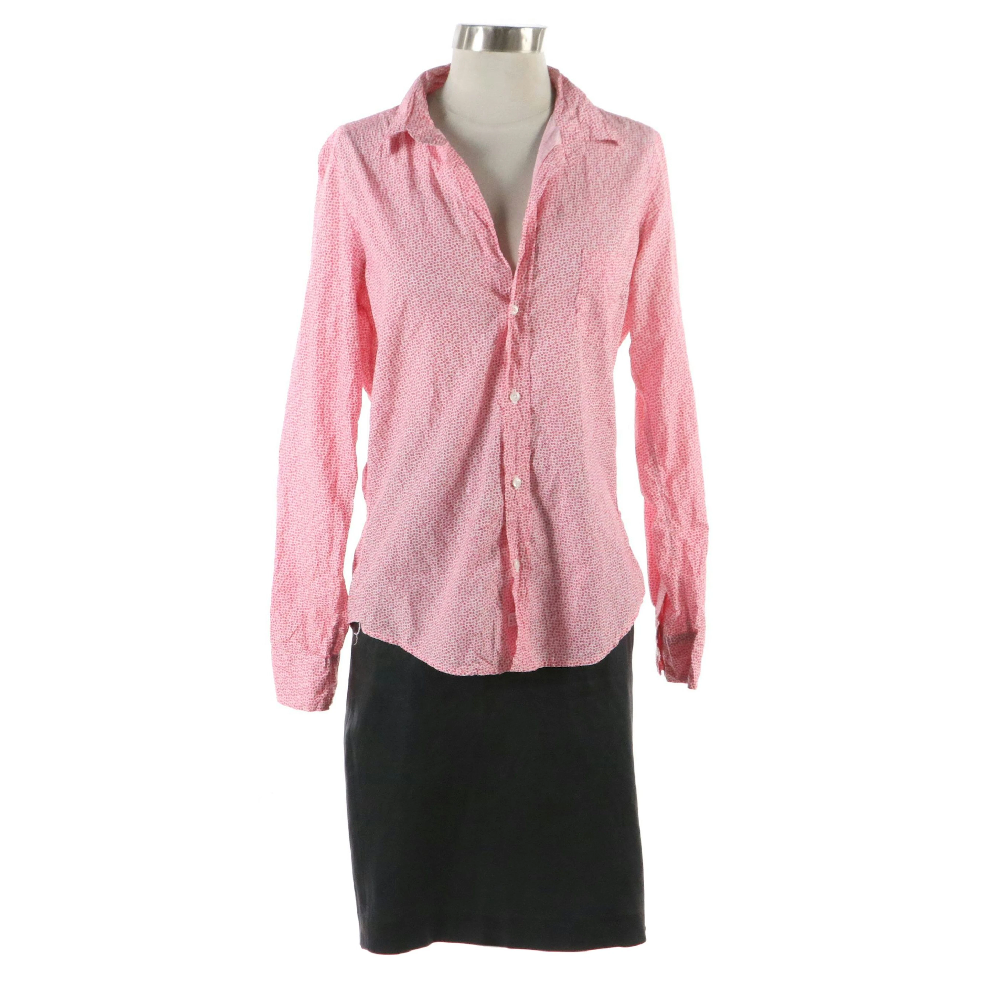 Theory Black Lambskin Leather Pencil Skirt W/ Frank & Eileen Pink Button-Up Top