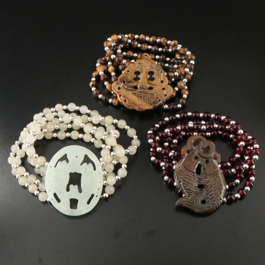 Carved Multi Strand Bracelet Grouping with Tiger's Eye, Serpentine, & Quartzite