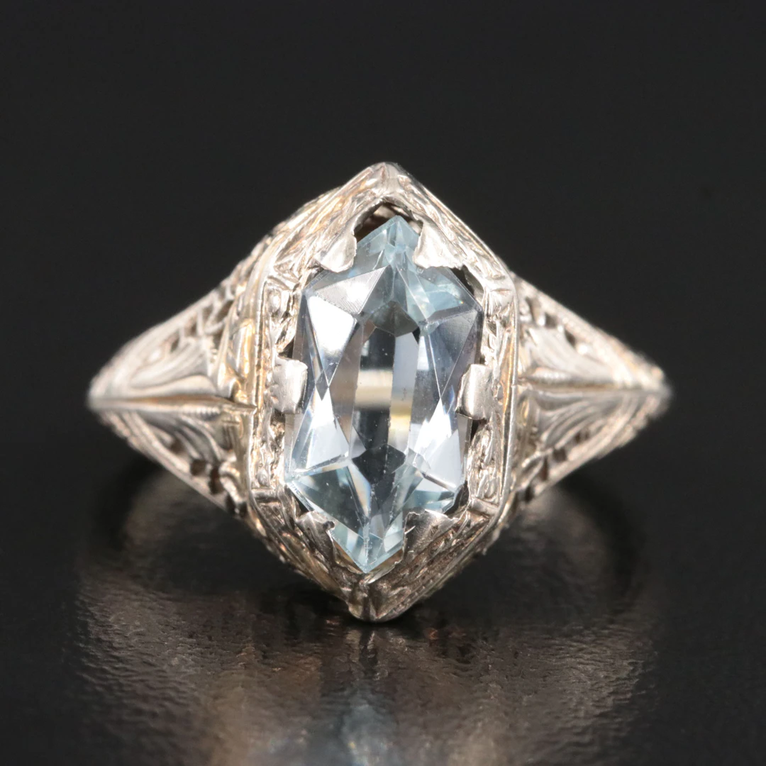 1930s 14K Aquamarine Openwork Shield Pinky Ring