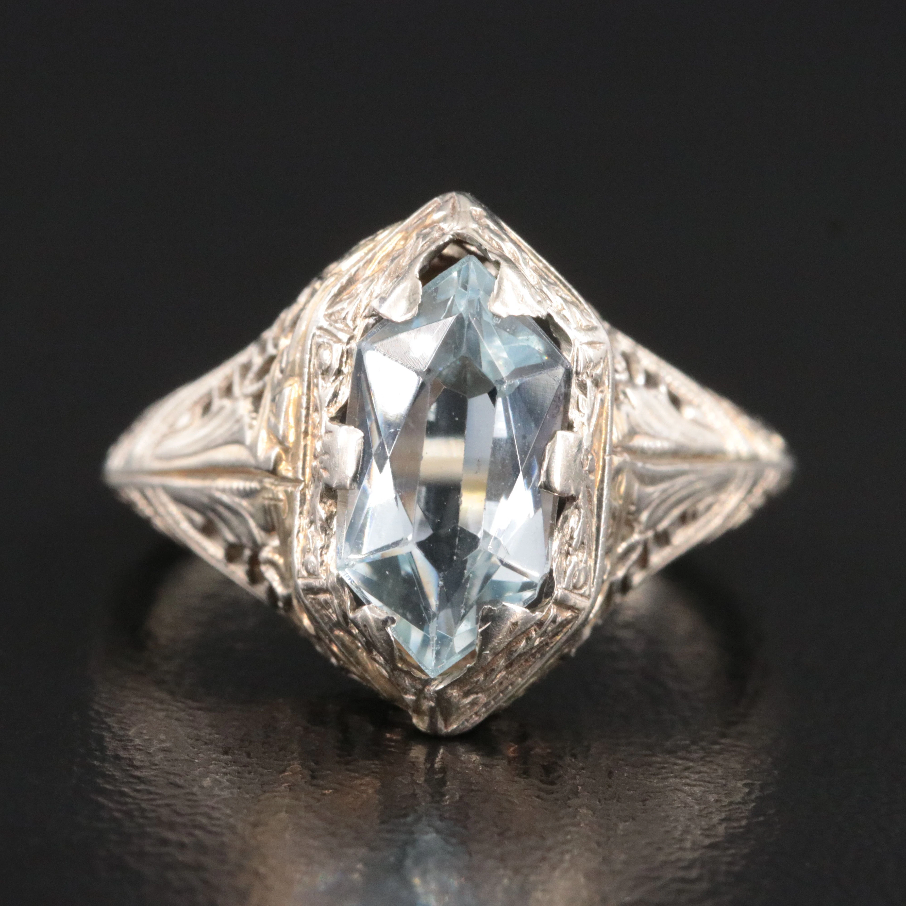 1930s 14K Aquamarine Openwork Shield Pinky Ring