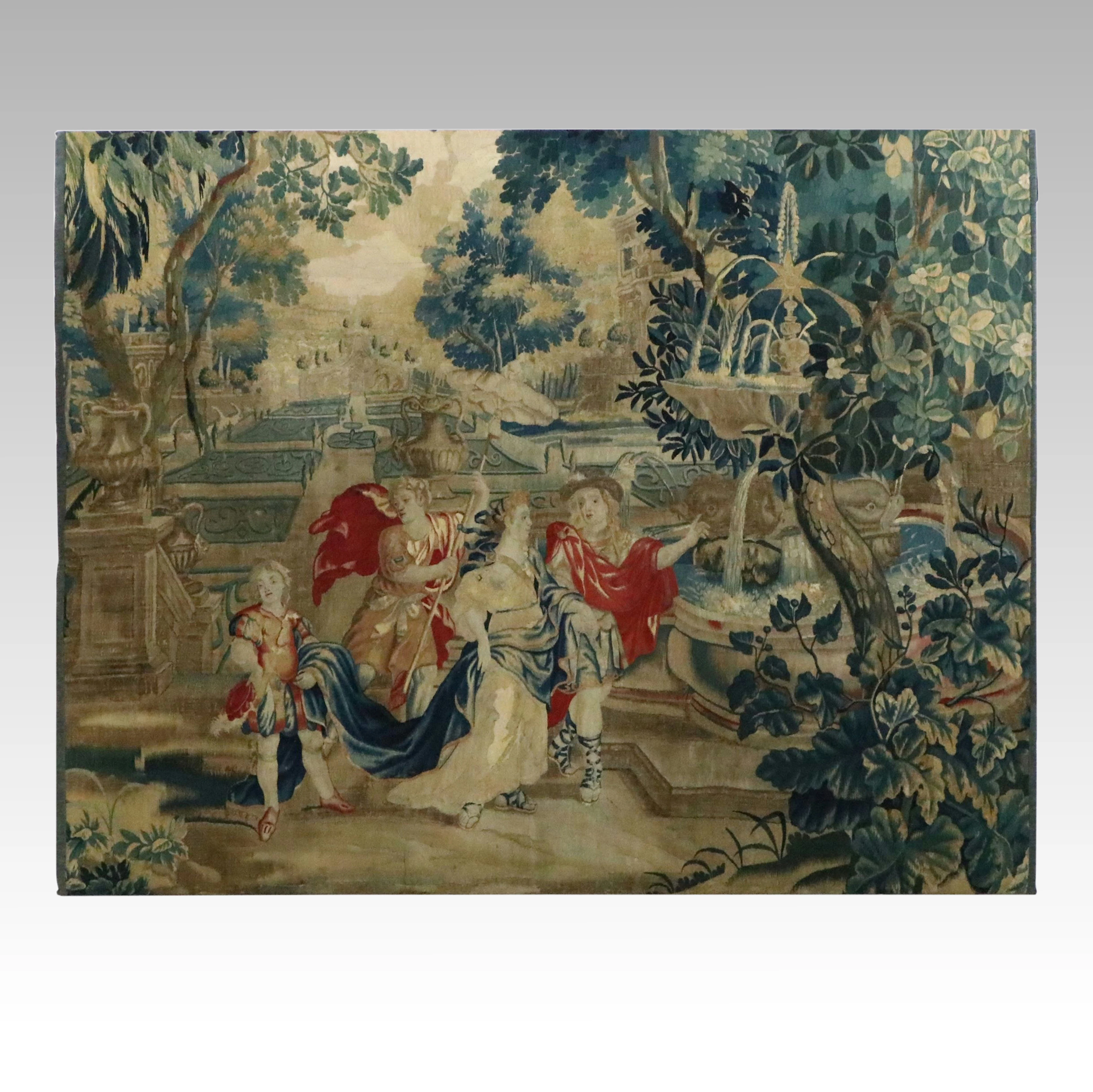 Large Antique European Handwoven Tapestry on Frame, 98" x 75"