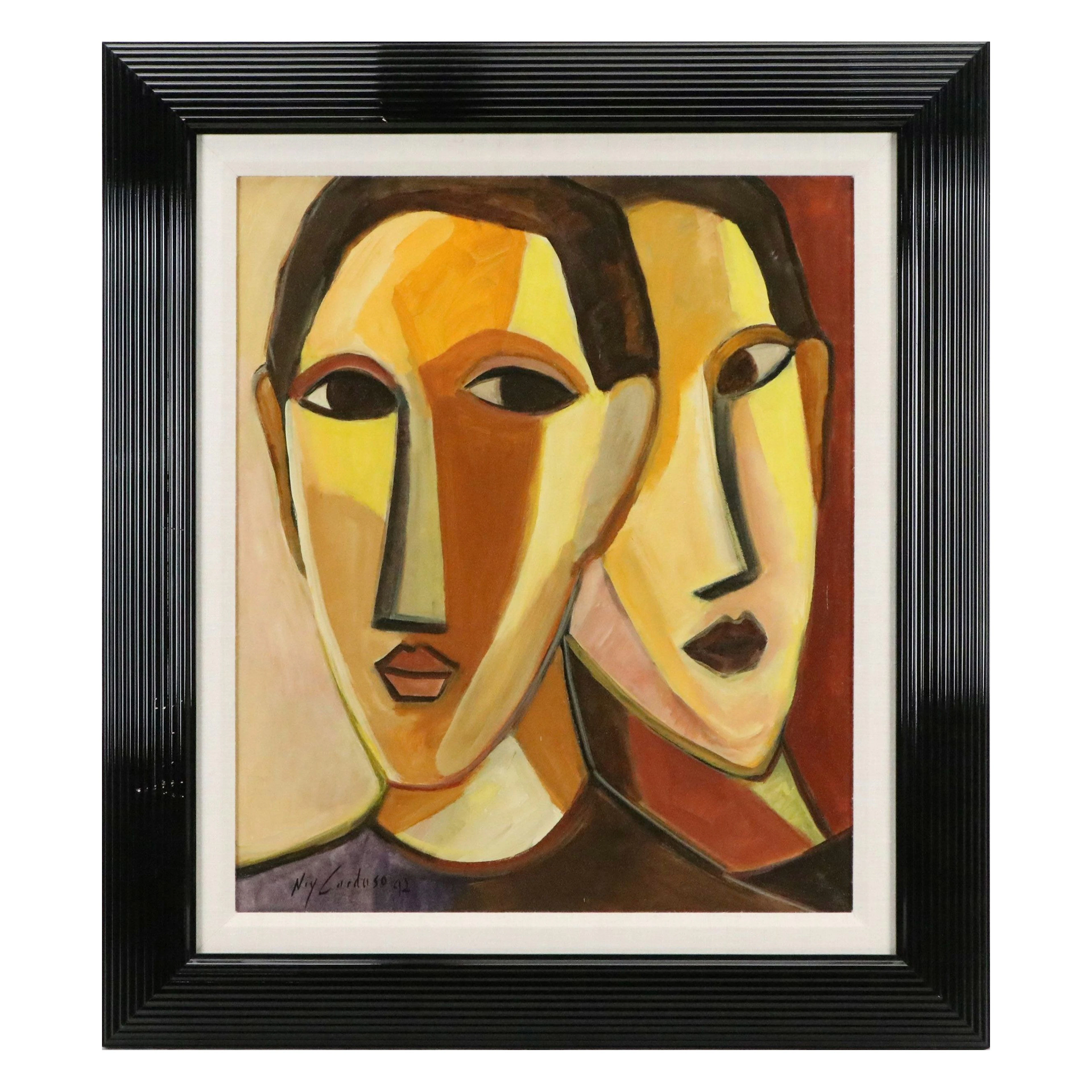 Ney Cardoso Cubistic Oil Painting of Two Heads, 1992