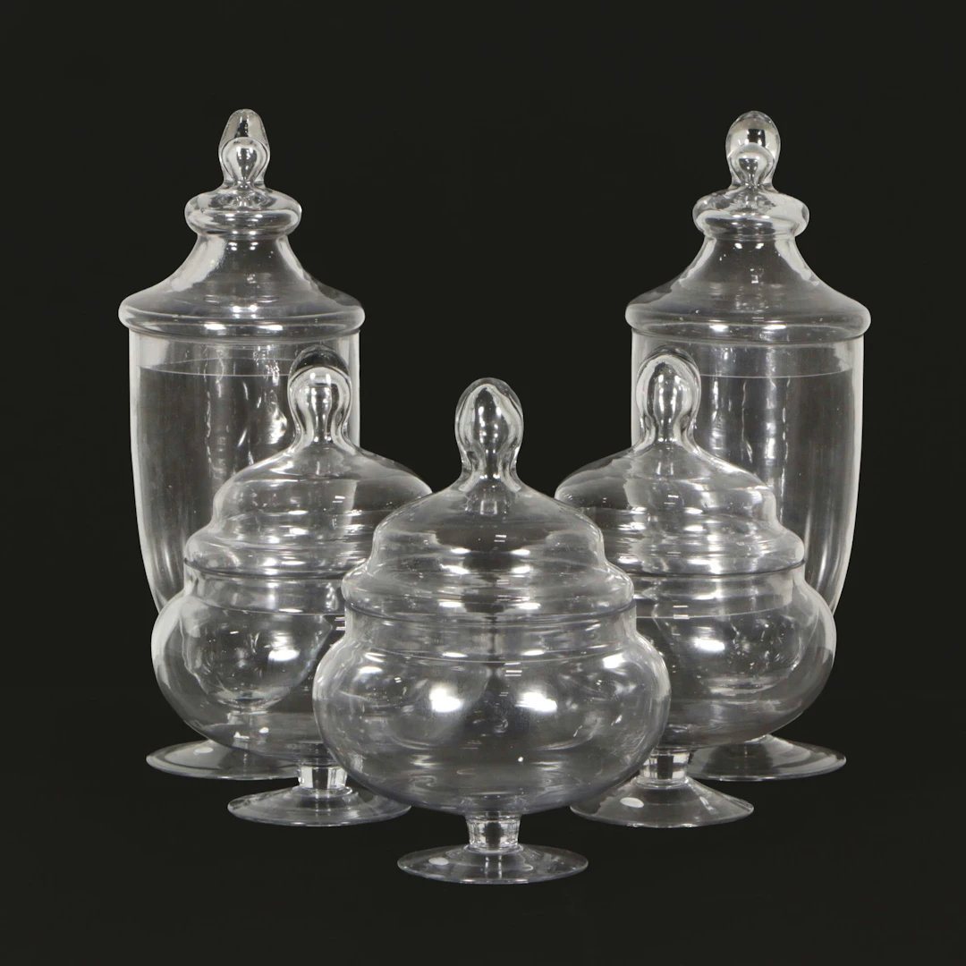 Five Decorative Lidded Glass Cookie Jars