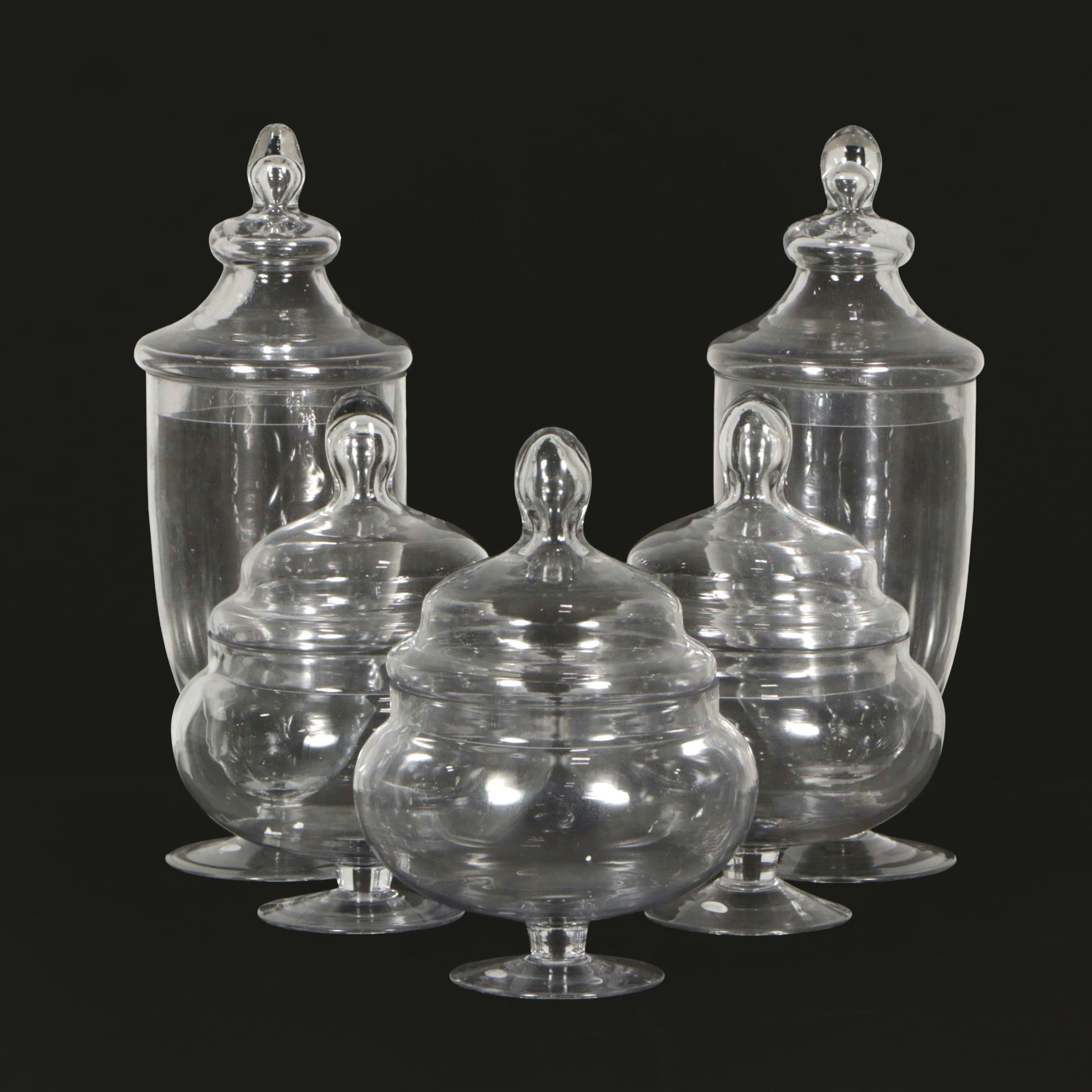 Five Decorative Lidded Glass Cookie Jars