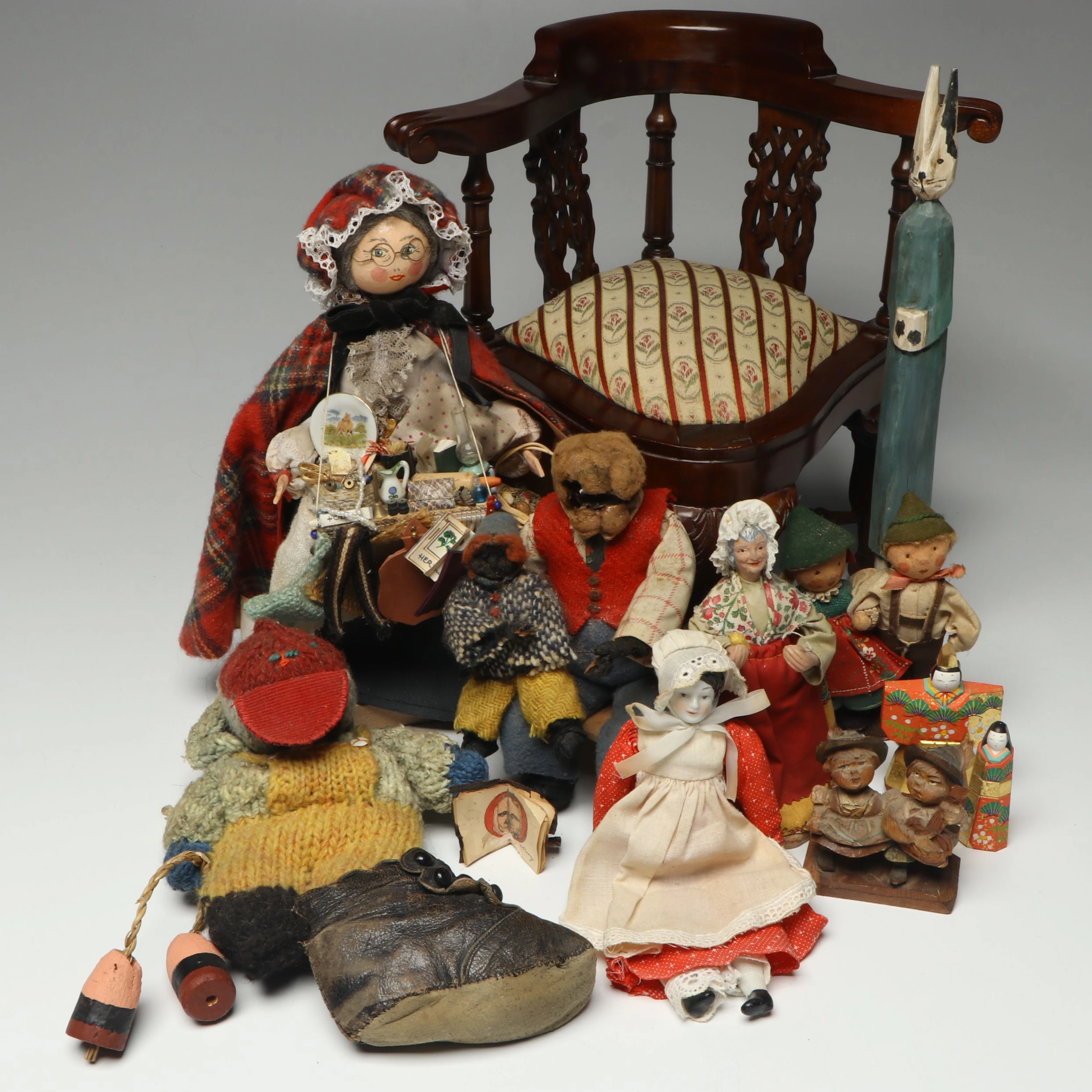 Folk Art Style Dolls and Carved Wooden Doll Size Armchair