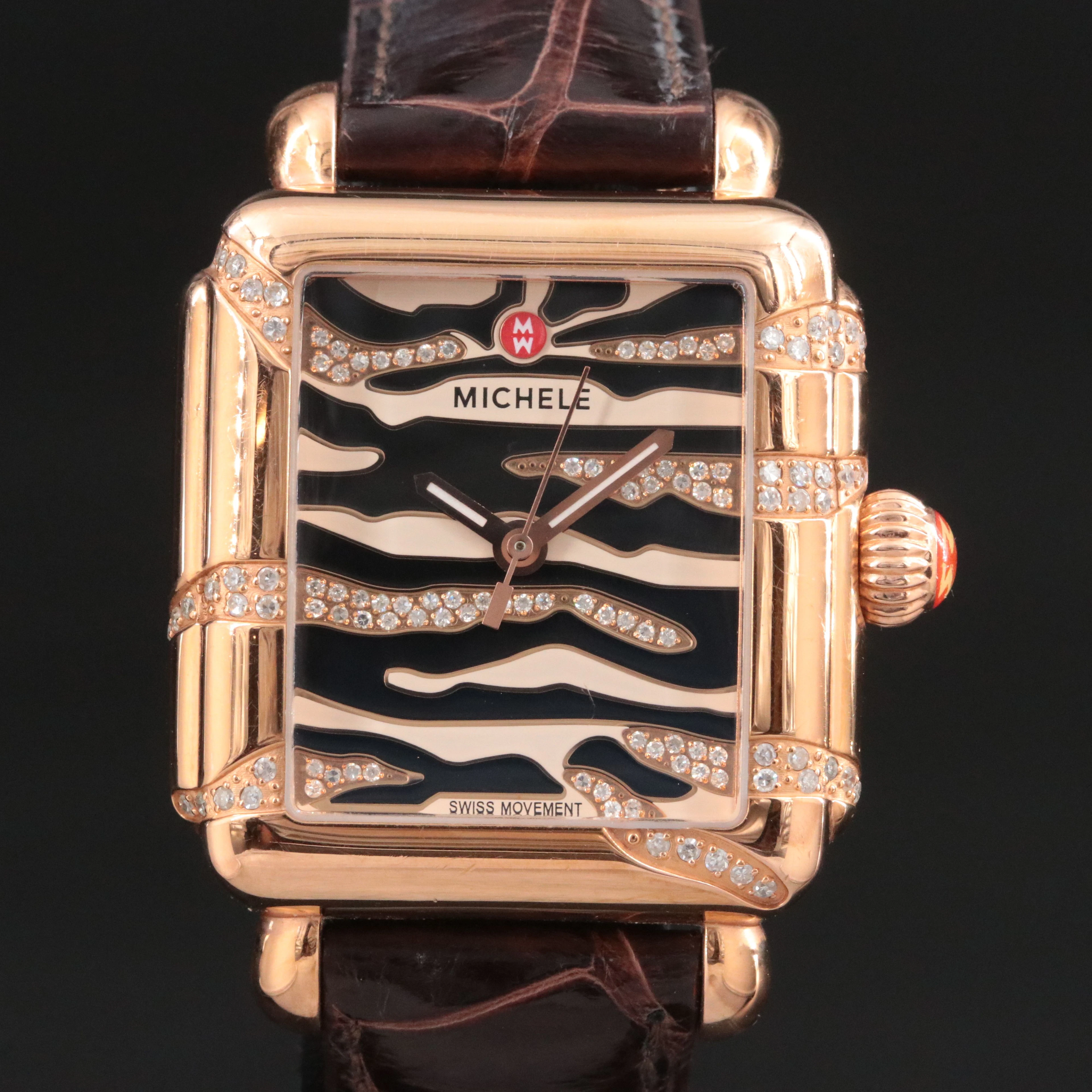 Michele Deco Safari Tiger Diamond Rose Gold Plated Steel Watch
