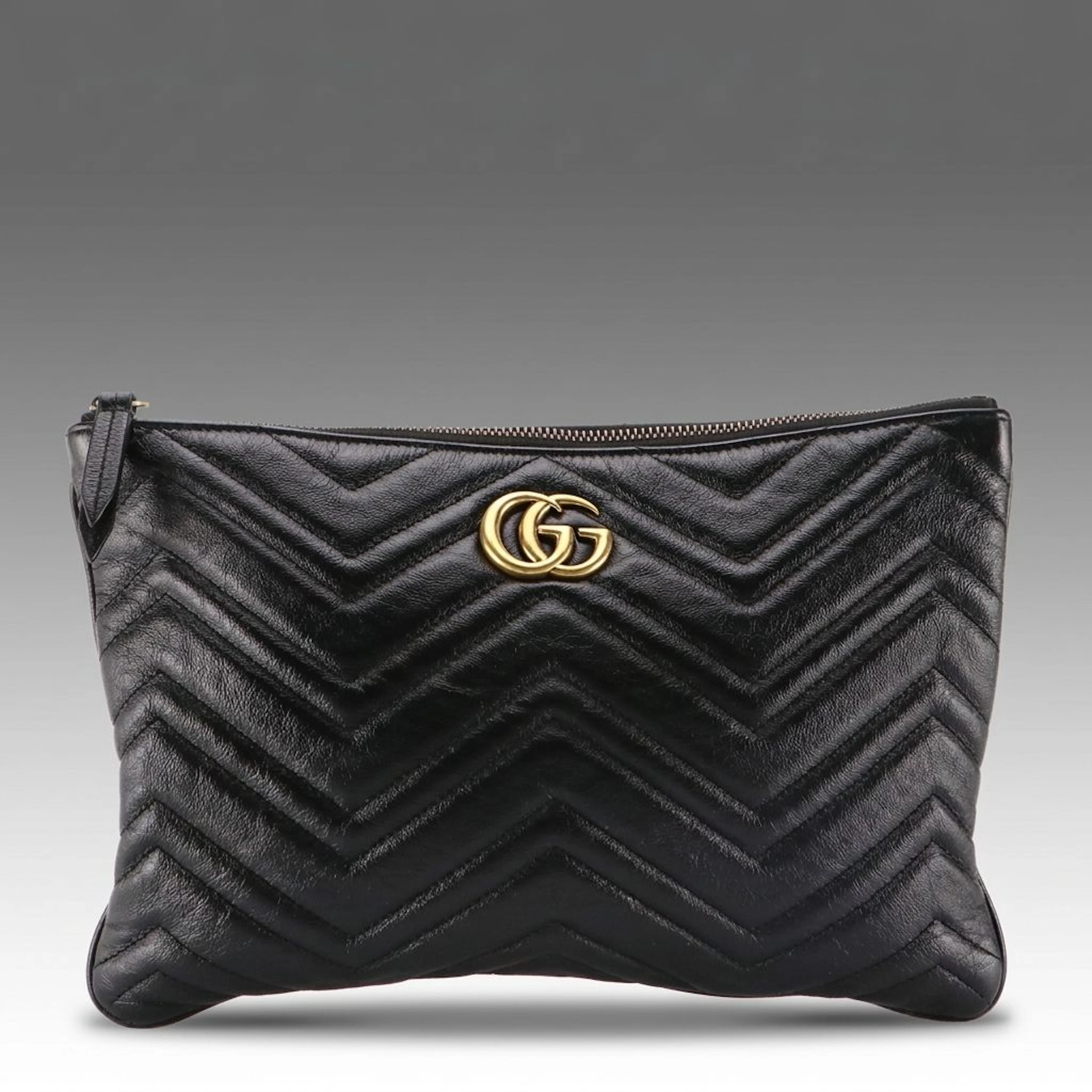 Gucci Black Matelassé Calfskin Leather GG Heart Marmont Azalea Zip Clutch