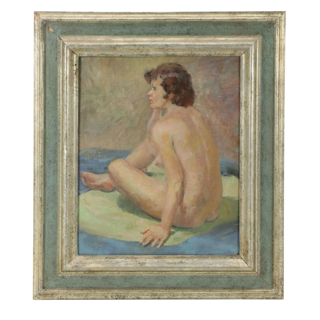 Attributed to Adelaide Mott McConnell Oil Figure Painting of Seated Nude