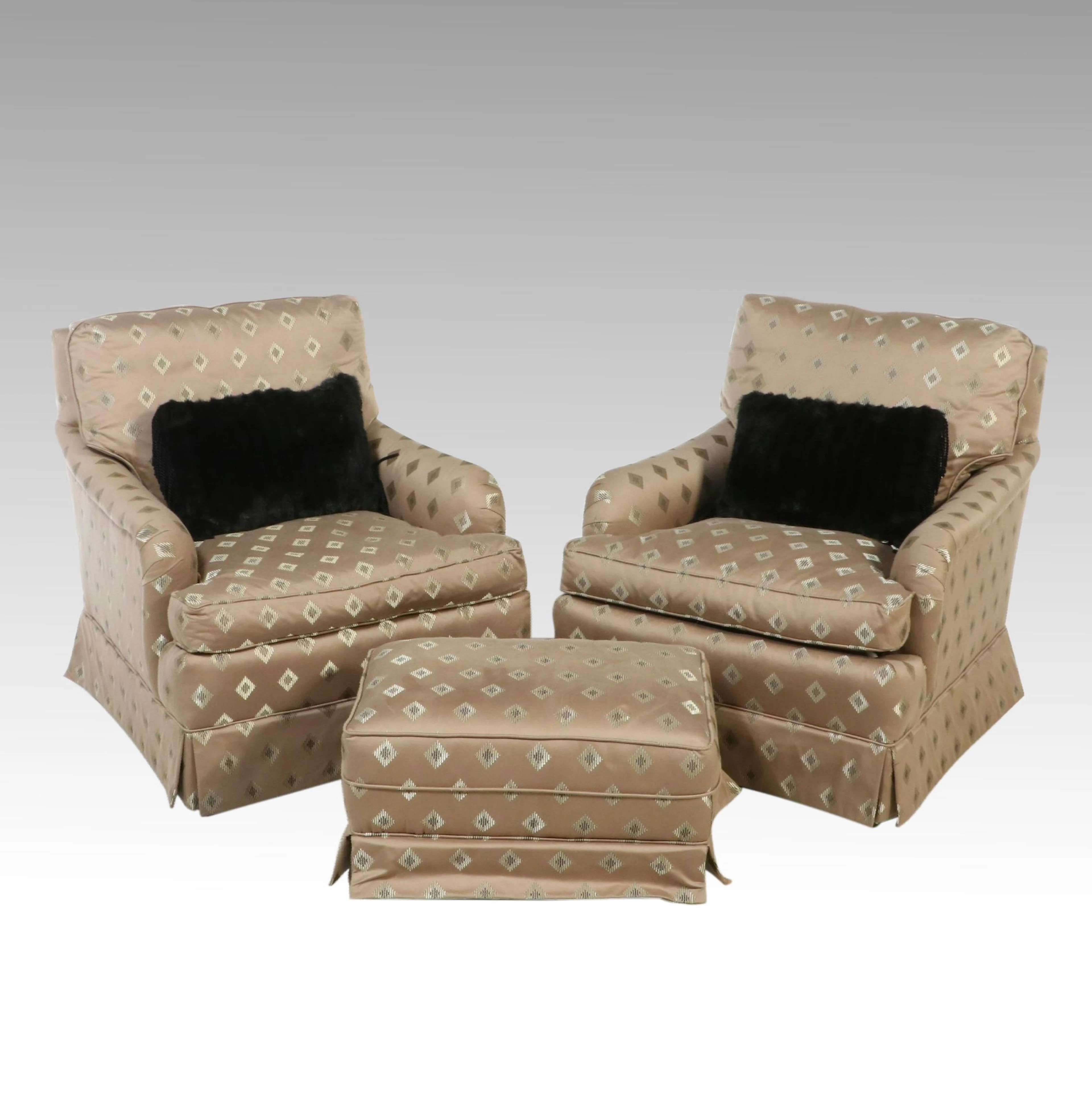 Pair of Upholstered Lounge Chairs with Ottoman