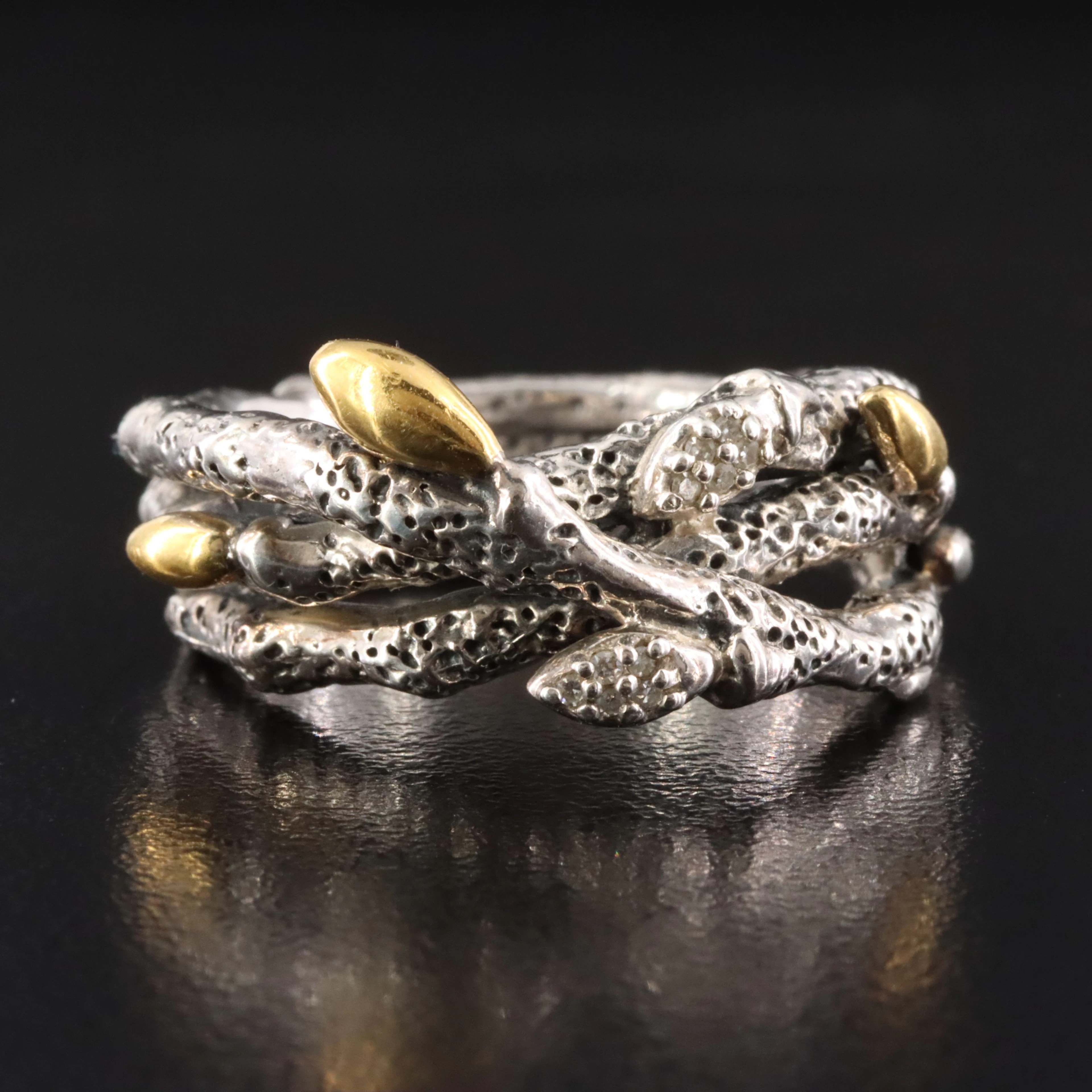 Stephen Dweck Sterling Budding Branch Ring with Diamond Accents