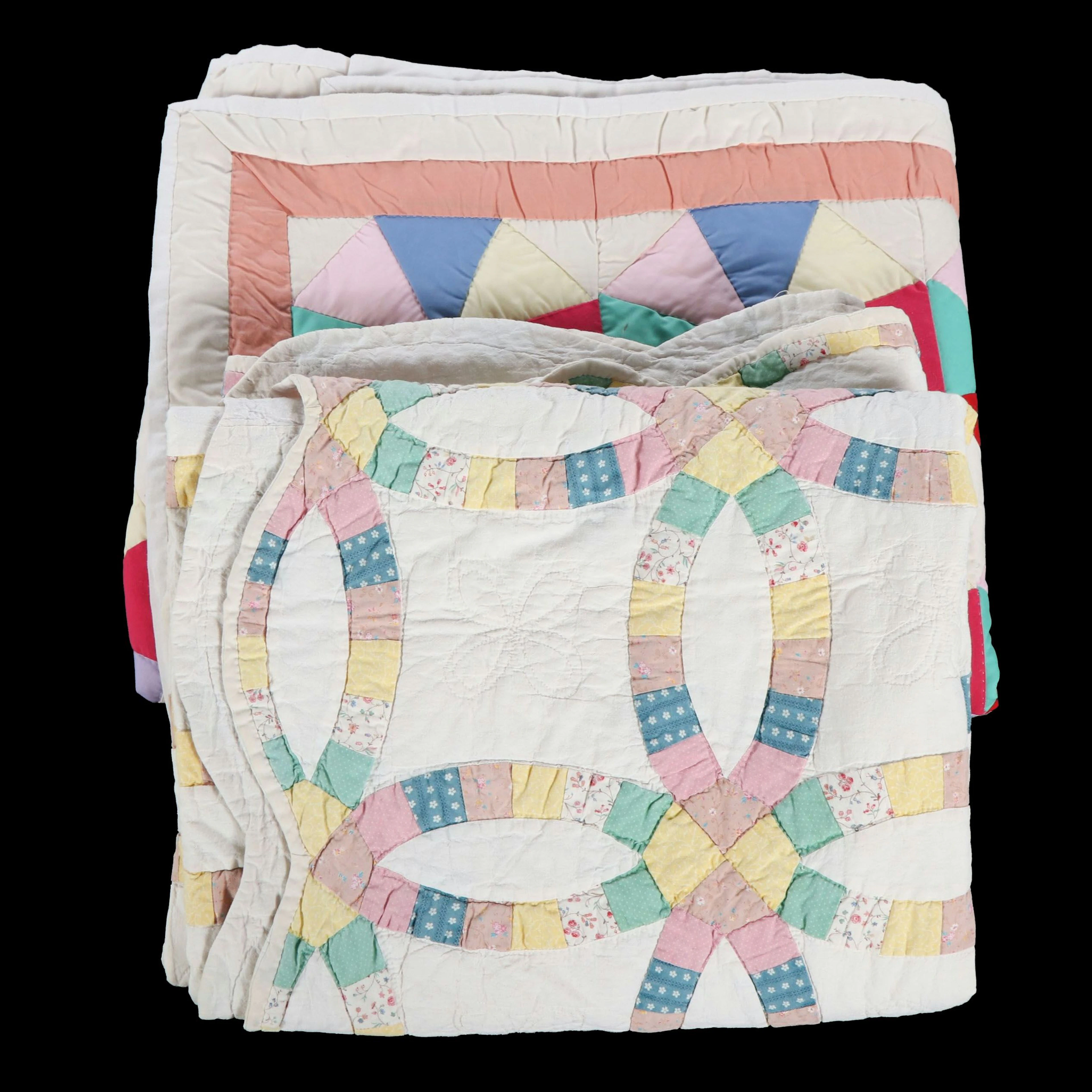 Handcrafted "Double Wedding Ring" and "Kaleidoscope" Vintage Cotton Quilts