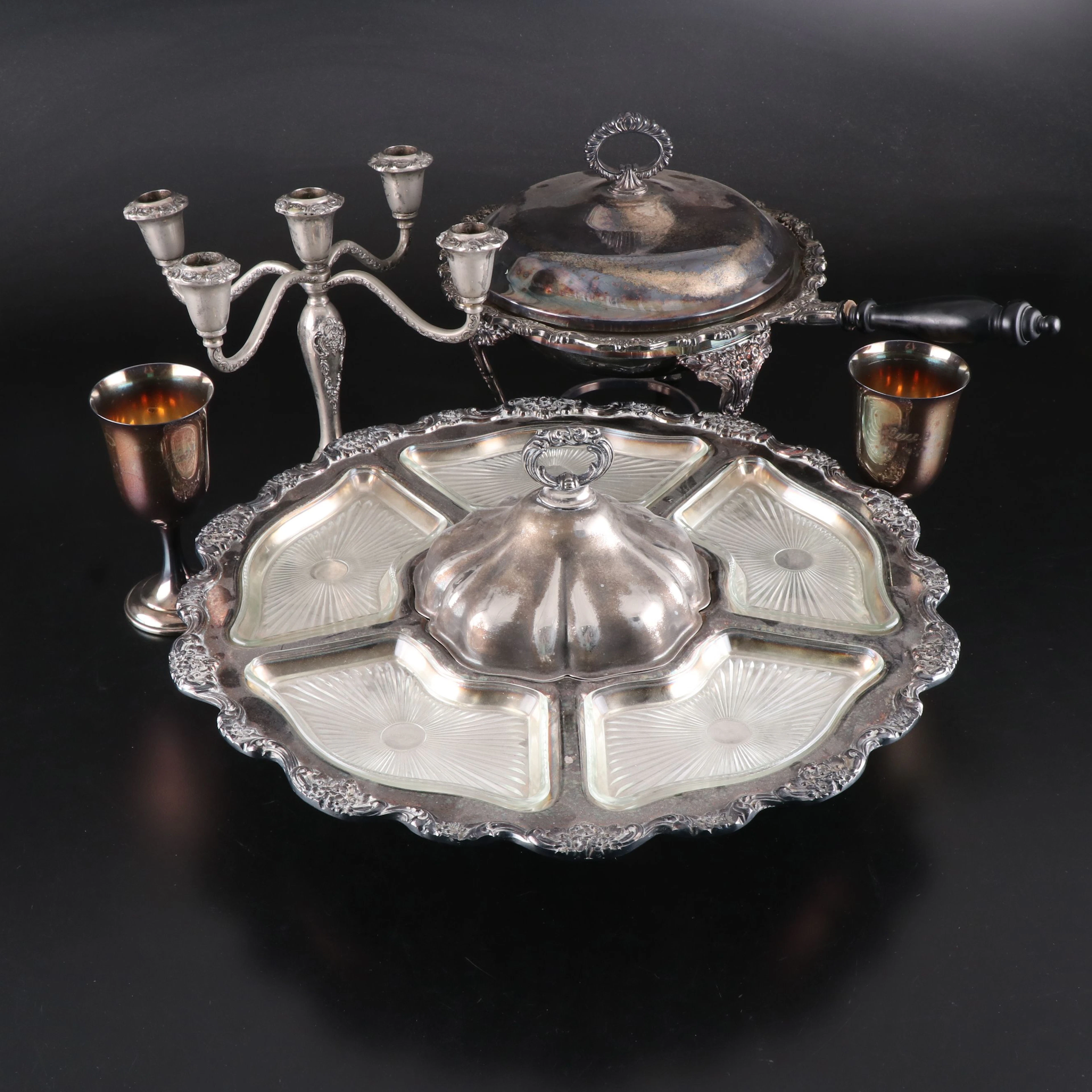 Victorian Style Silver Plate Lazy Susan with Chafing Dish, Candelabra & Goblets