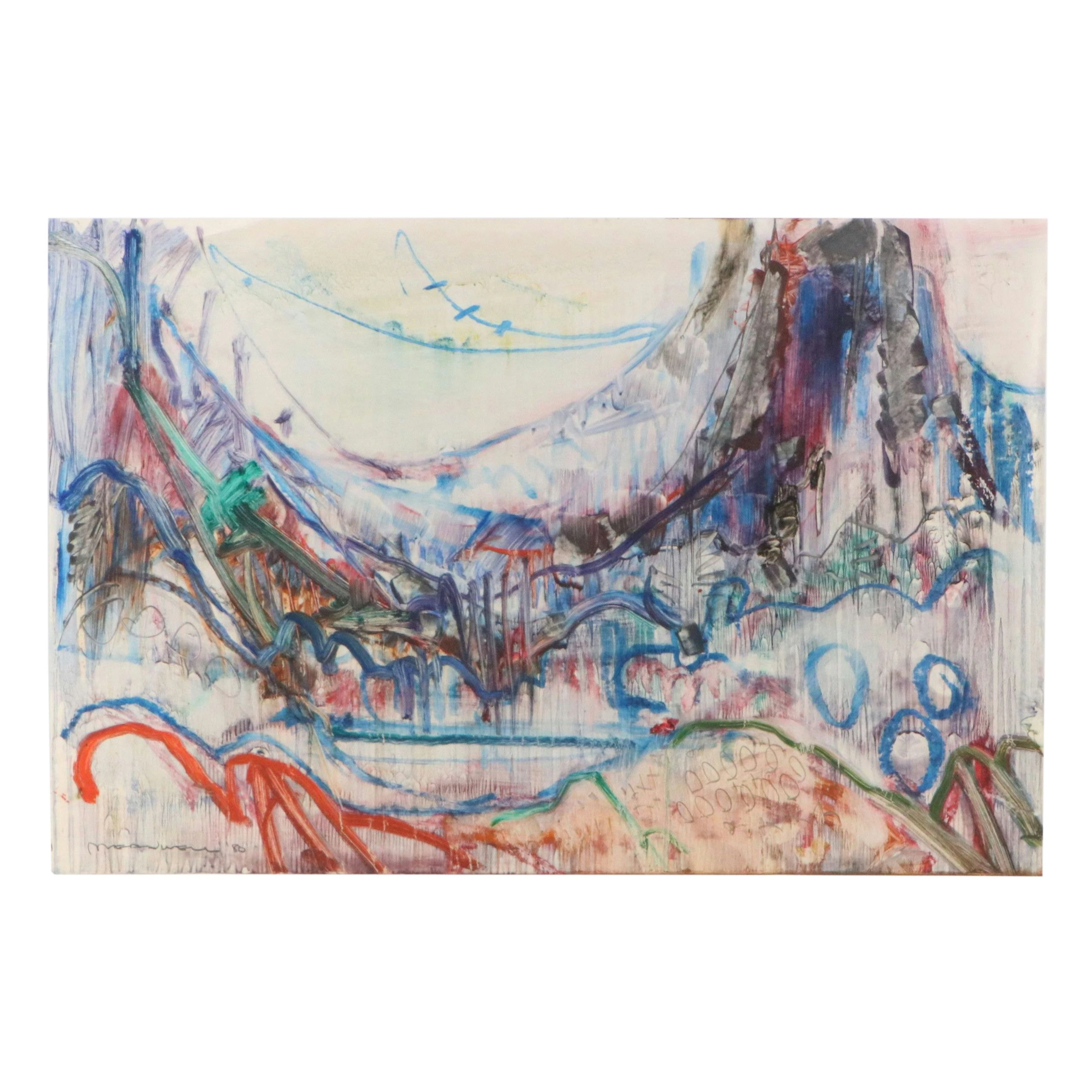Jack Meanwell Acrylic and Oil Pastel Painting on Paper, 1980