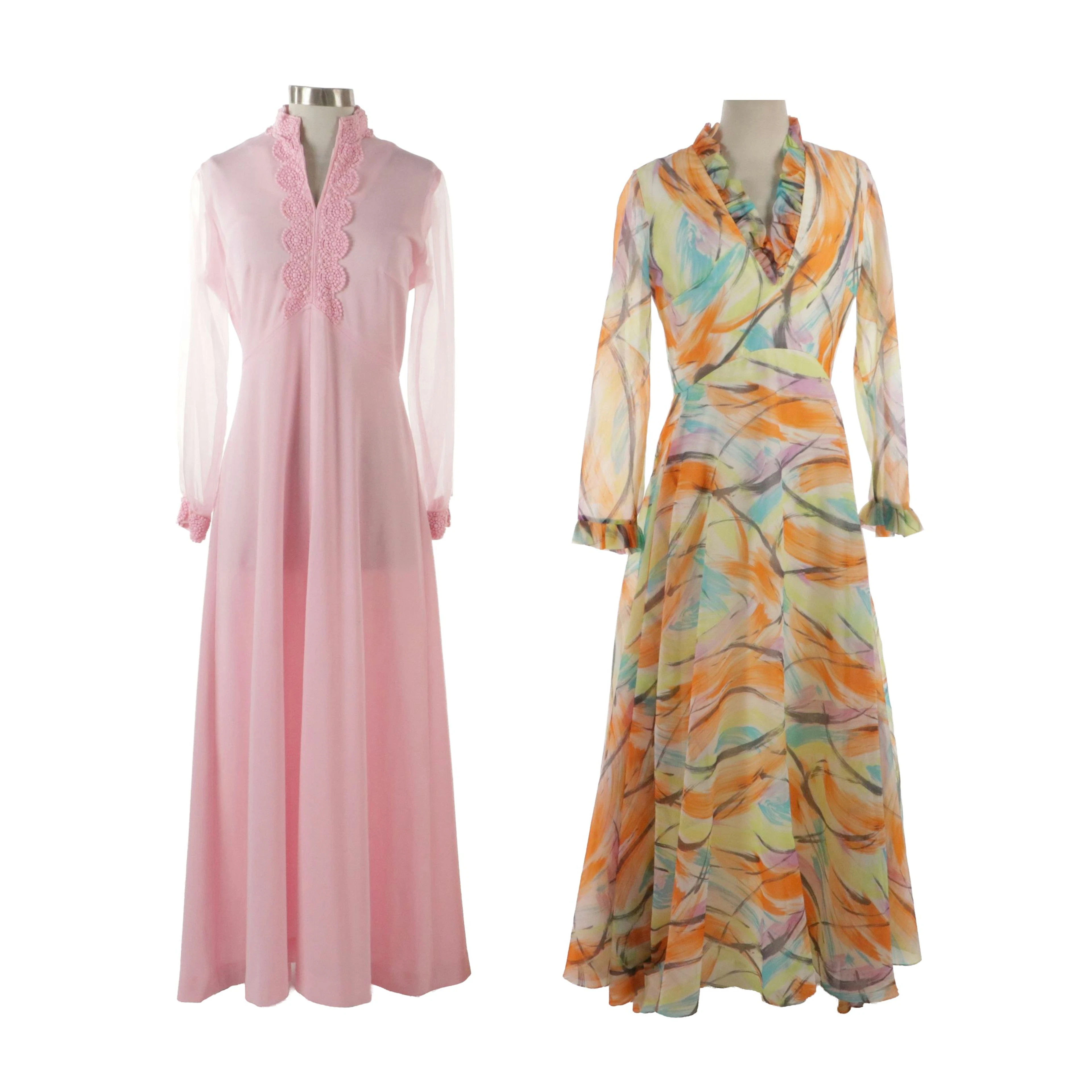 Montgomery Ward Pink Polyester Empire Waist Gown, Other Colorful Printed Gown