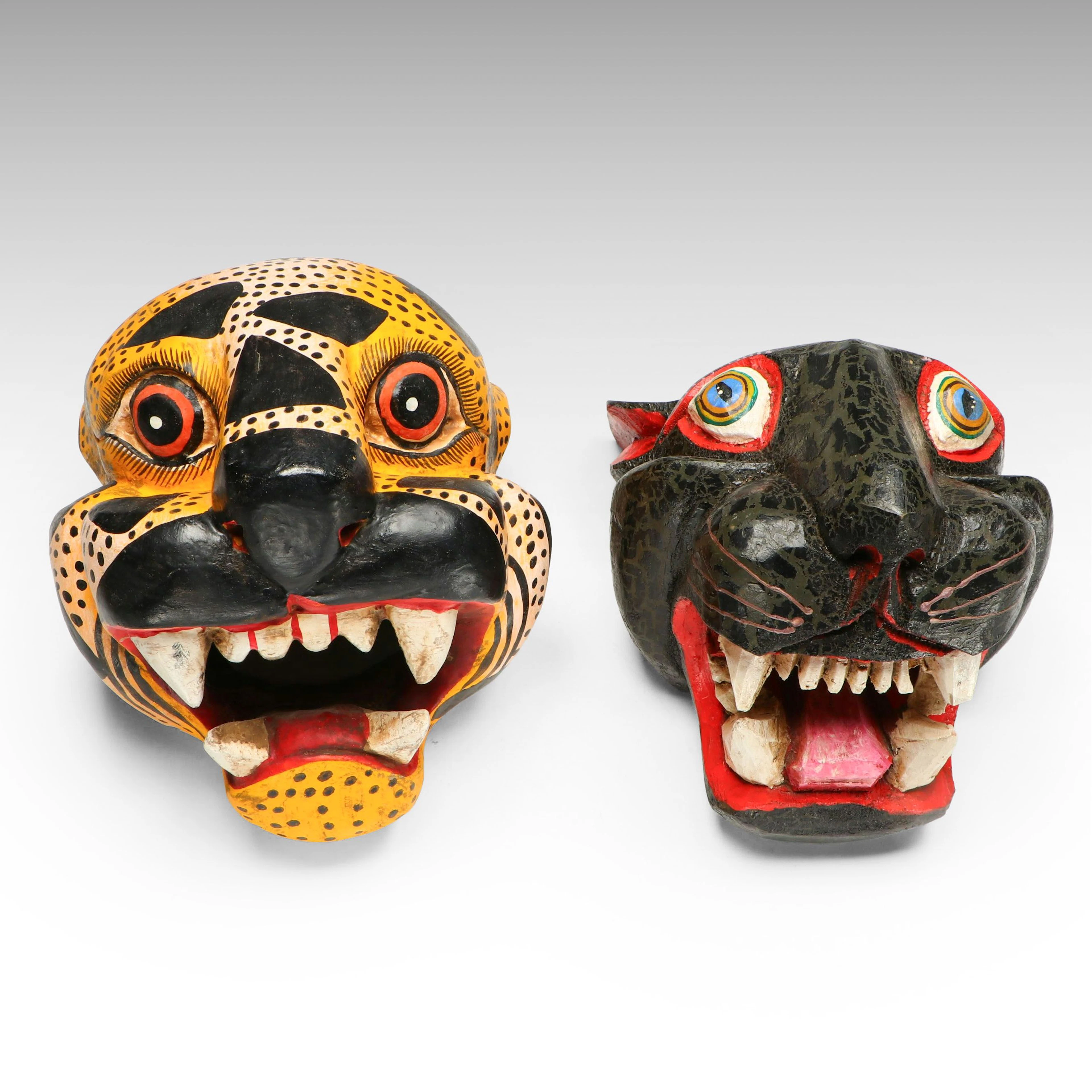 Mexican Folk Art Hand-Carved and Painted Tiger and Jaguar Festival Wall Masks