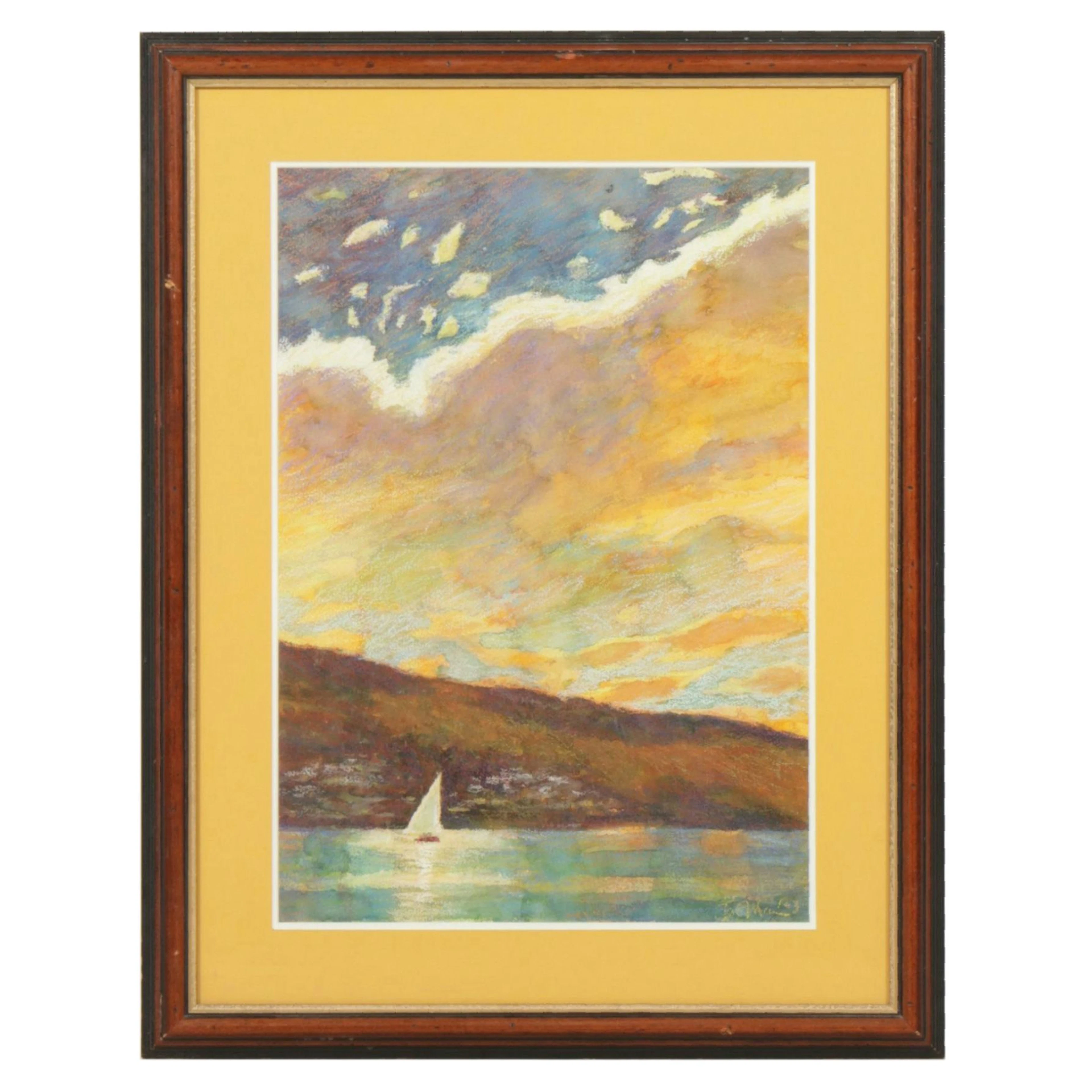 Watercolor and Oil Pastel Drawing of Sailboat at Sunset, Mid - Late