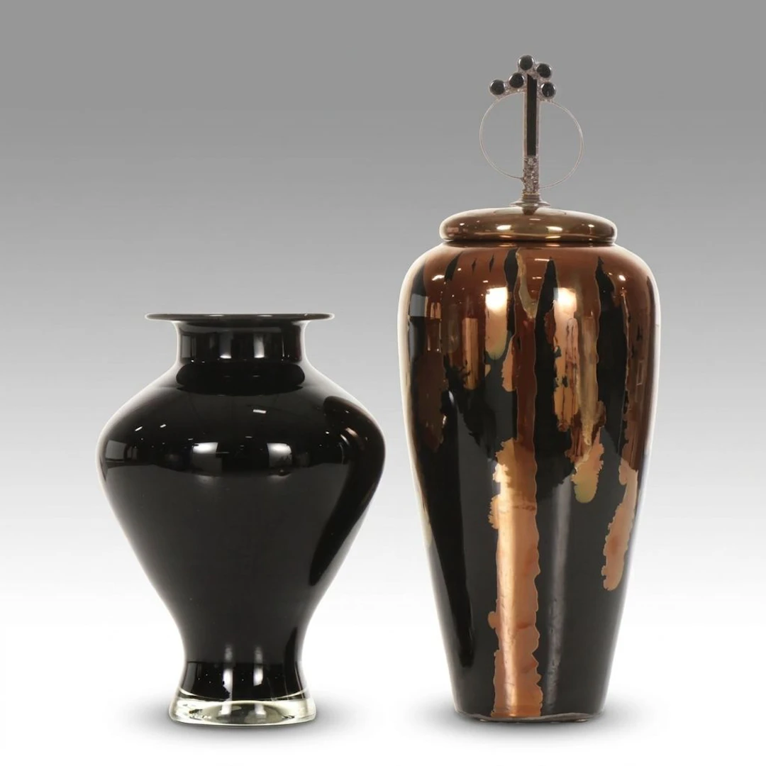 Metallic Bronze Urn with Finial Lid and Blown Glass Vase