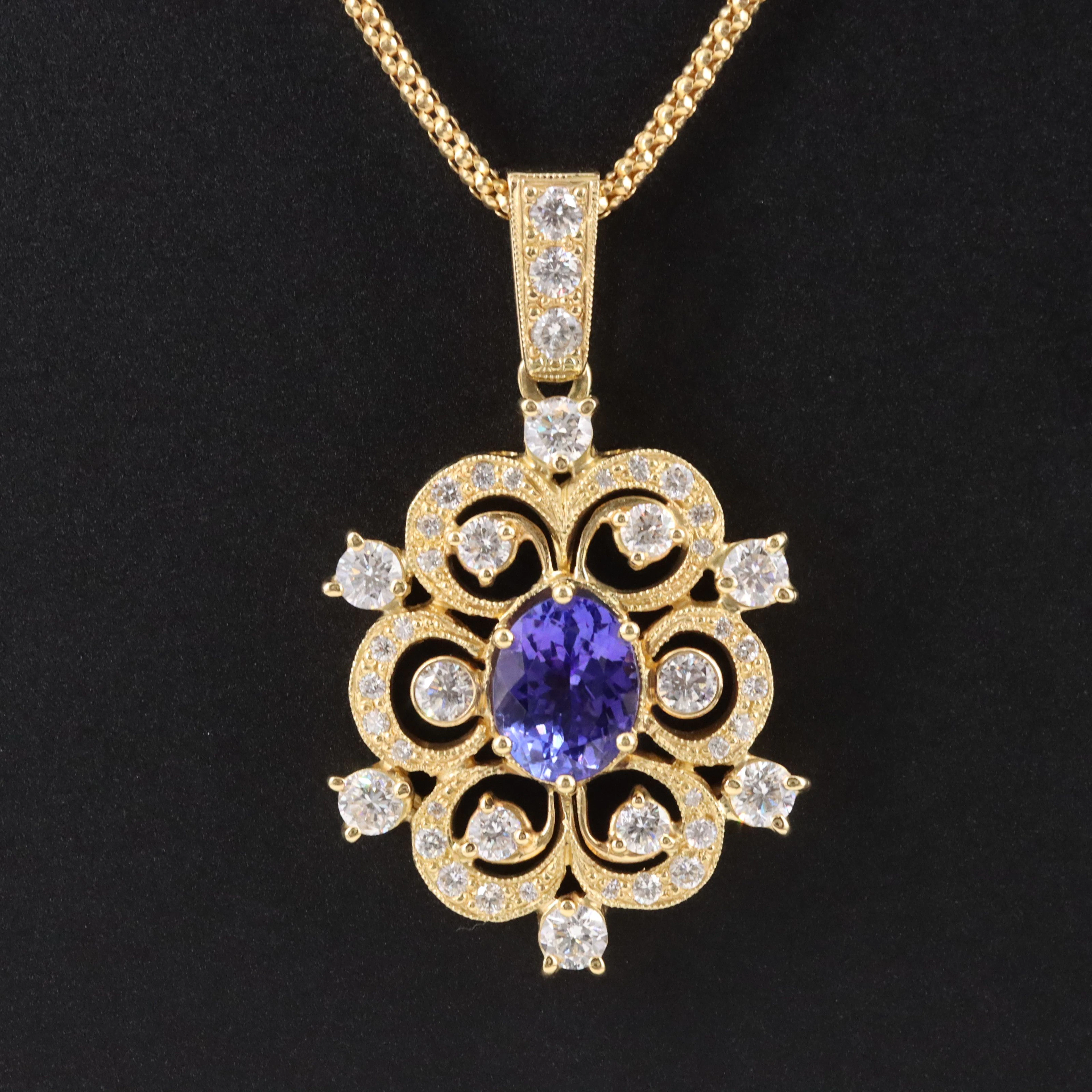18K Tanzanite and Diamond Pendant On Uno-A-Erre 14K Popcorn Chain Necklace