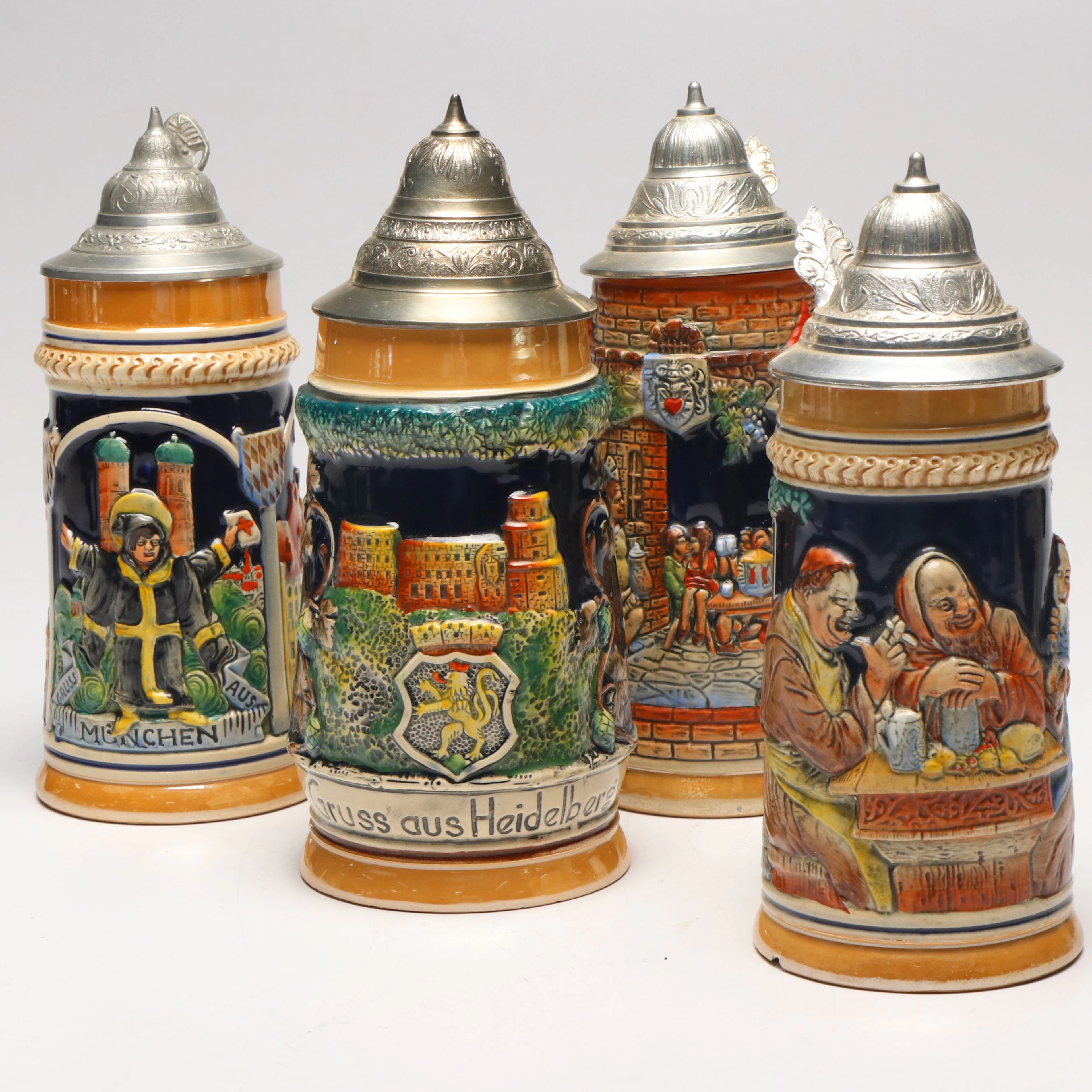 King and More German Stoneware and Pewter Beer Steins, Late 20th C.