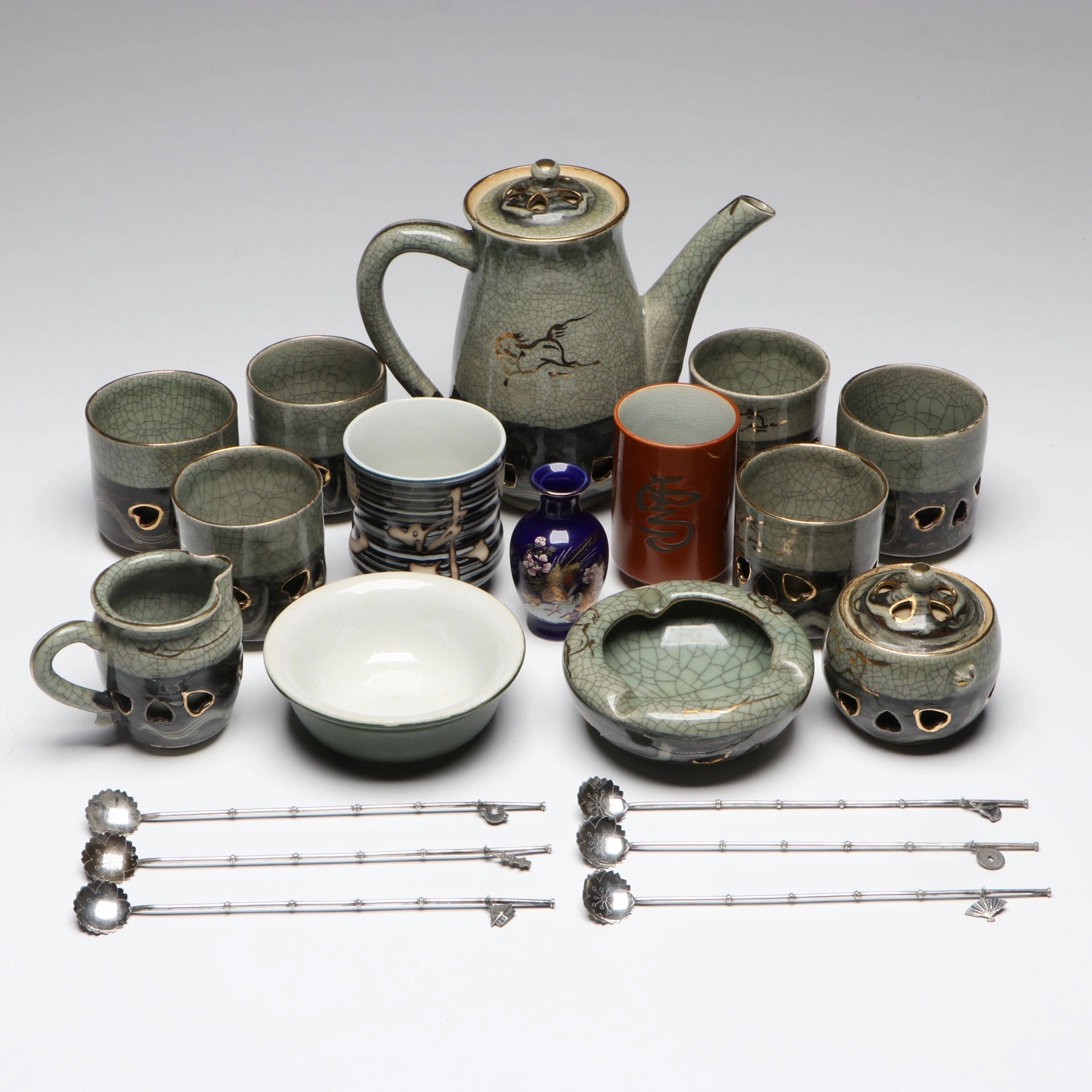 Japanese Sterling Silver Straw Spoons with Reticulated Ceramic Tea Set and More
