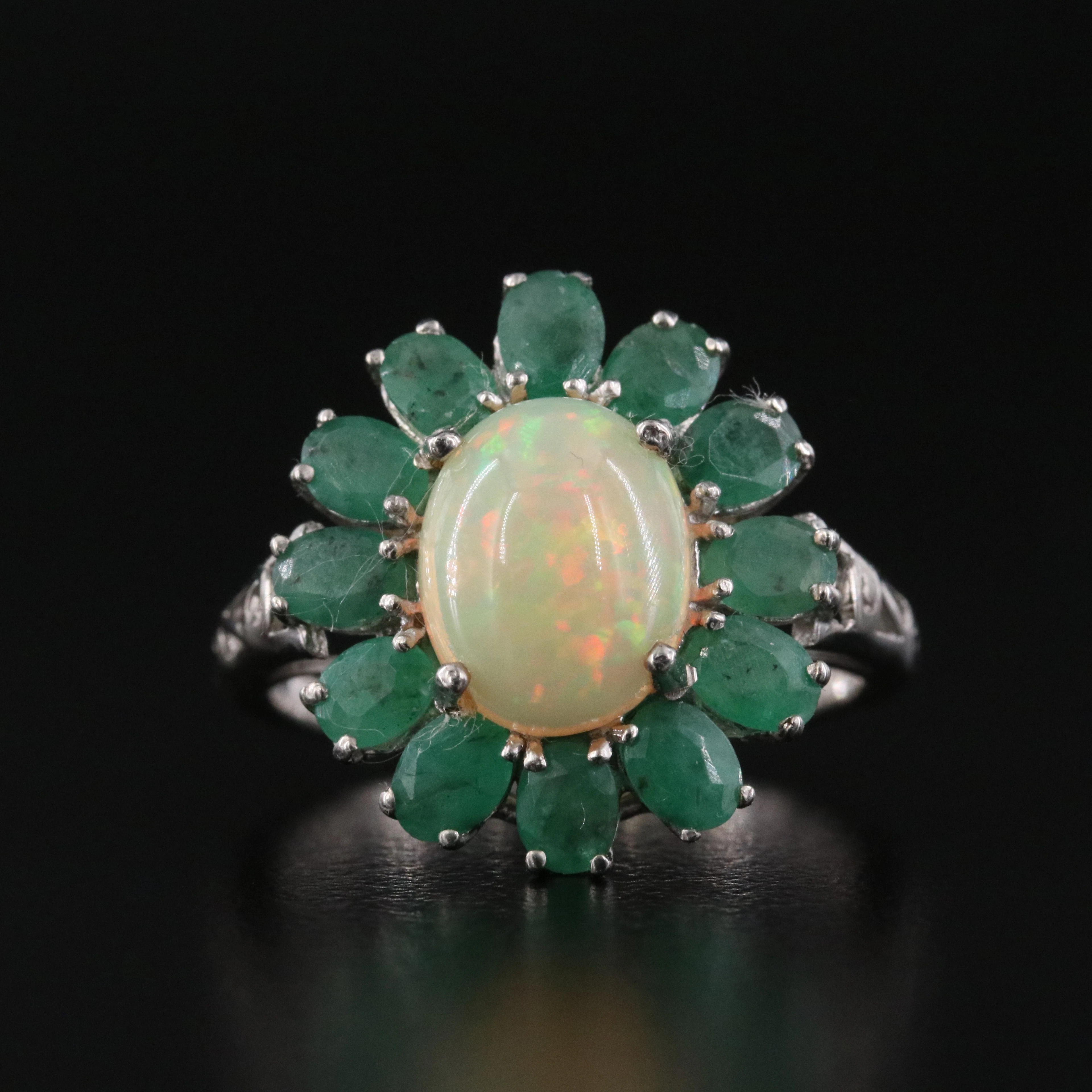 Sterling Opal Ring with Emerald Halo