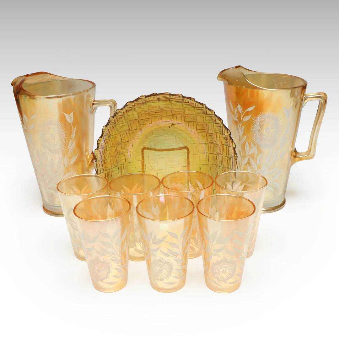 Jeannette "Cosmos" Marigold Carnival Glass Pitchers and Tumblers with Bowl