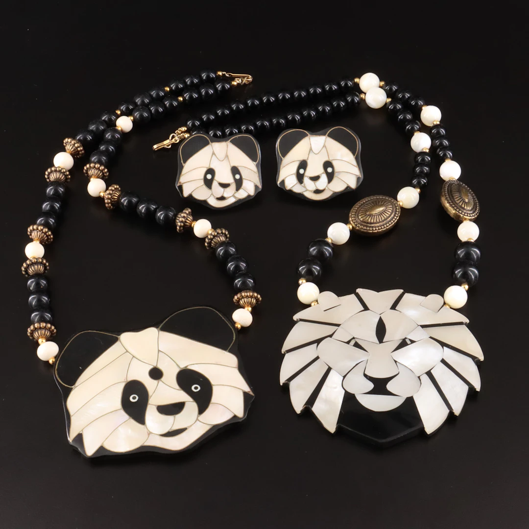 Lee Sands Vintage Mother-of-Pearl and Lion Necklaces and Earrings