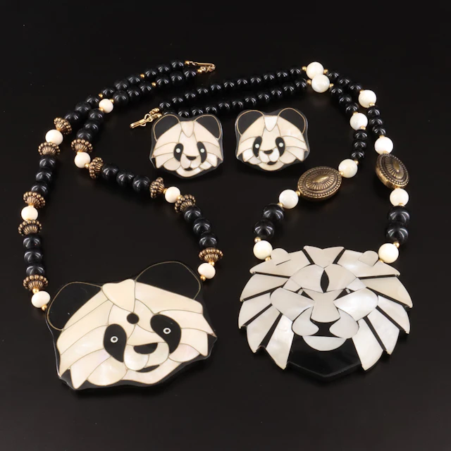 Lee Sands Vintage Mother-of-Pearl and Lion Necklaces and Earrings