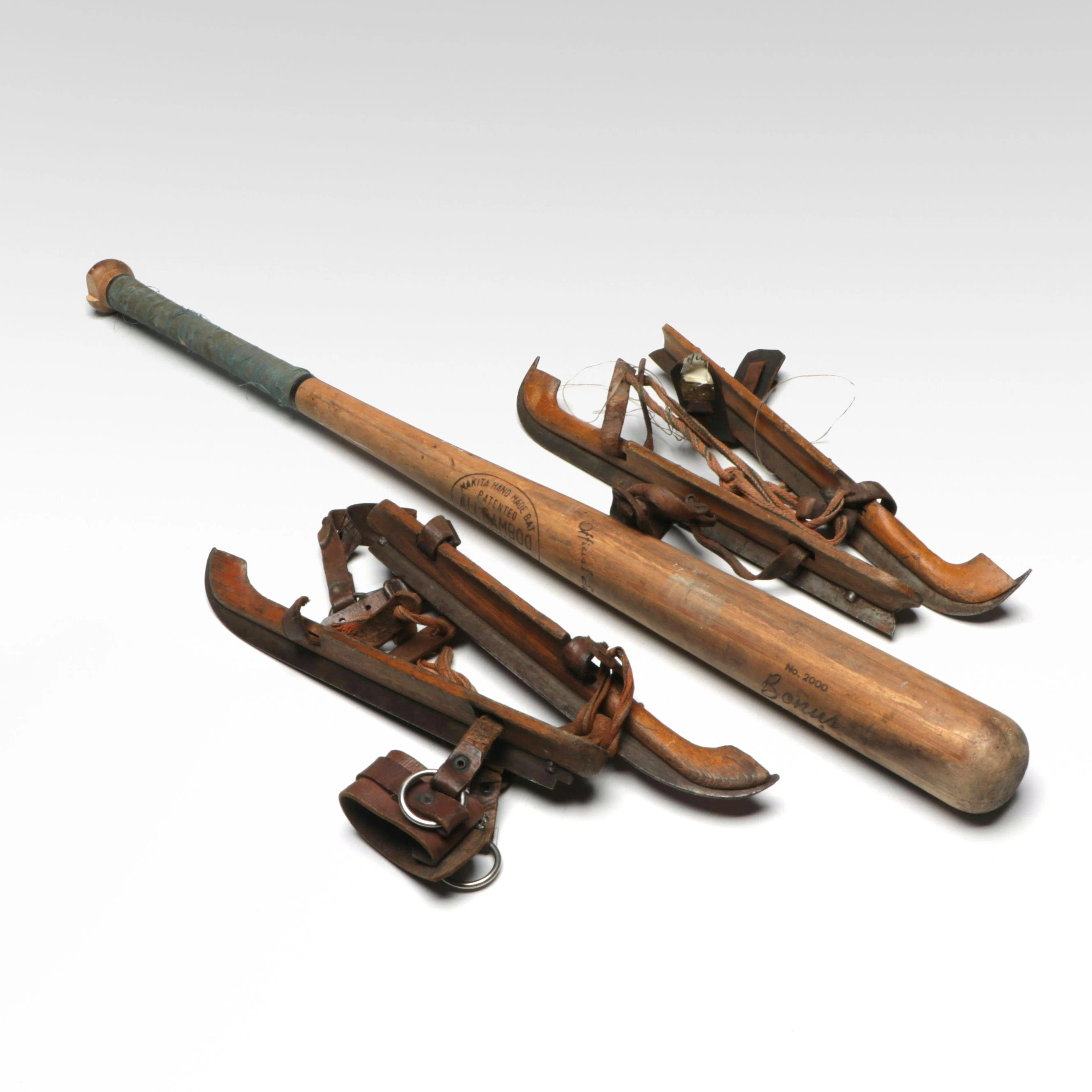 Makita Handmade Bamboo Baseball Bat with Antique Ice Skates