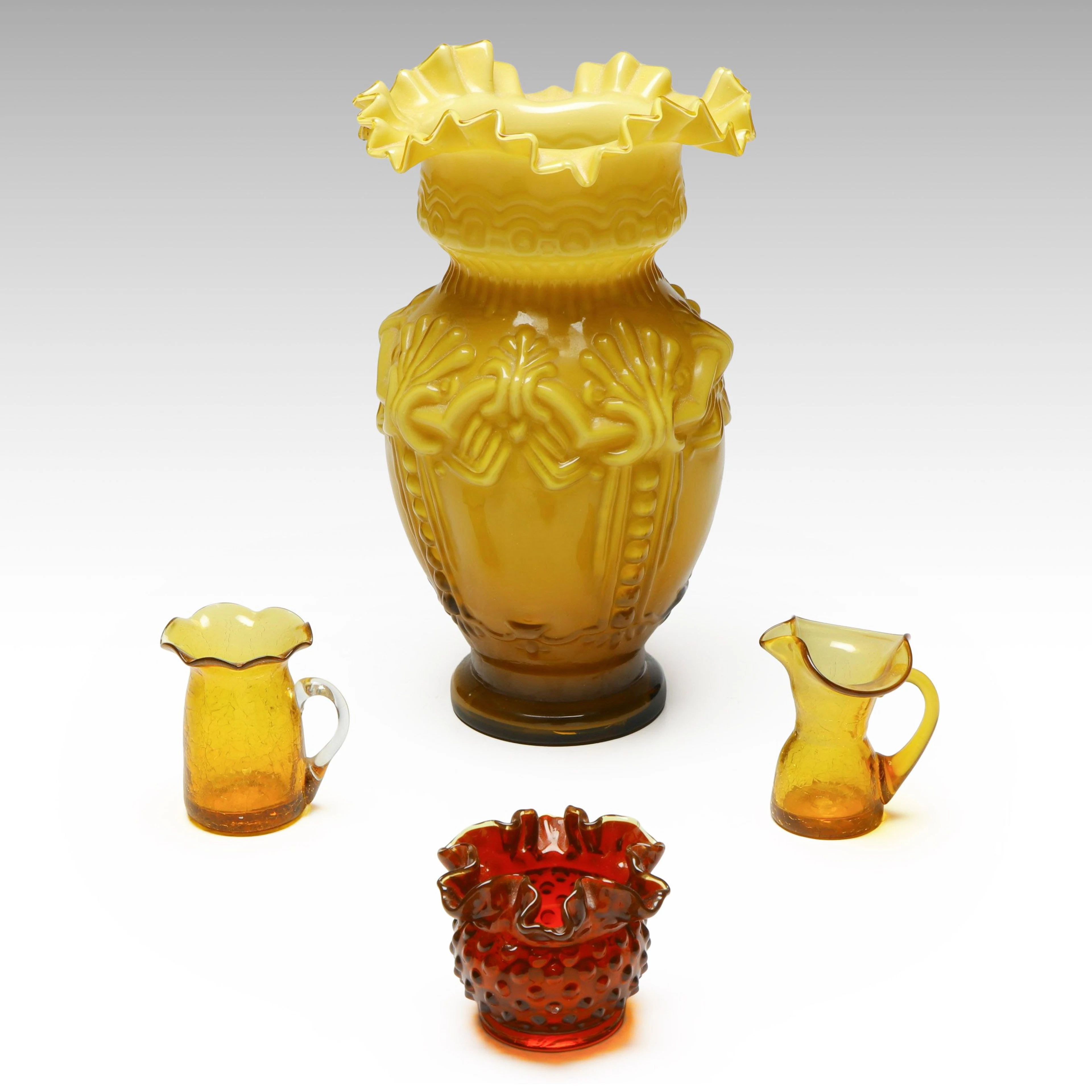 Fenton Ruby Hobnail with Cased Glass Amber Vase and Crackle Glass Pitchers