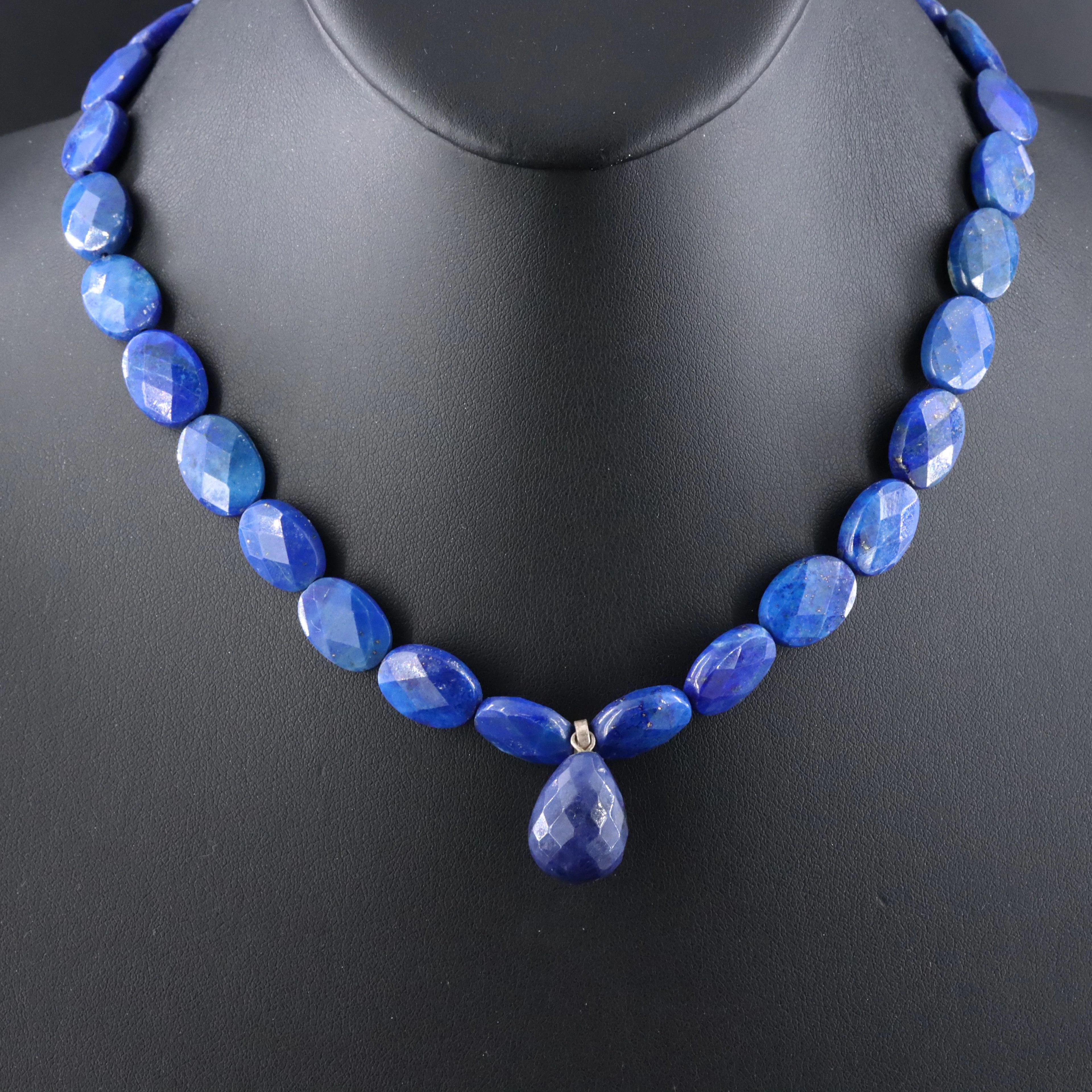 Sterling Sodalite and Faceted Lapis Lazuli Bead Drop Necklace