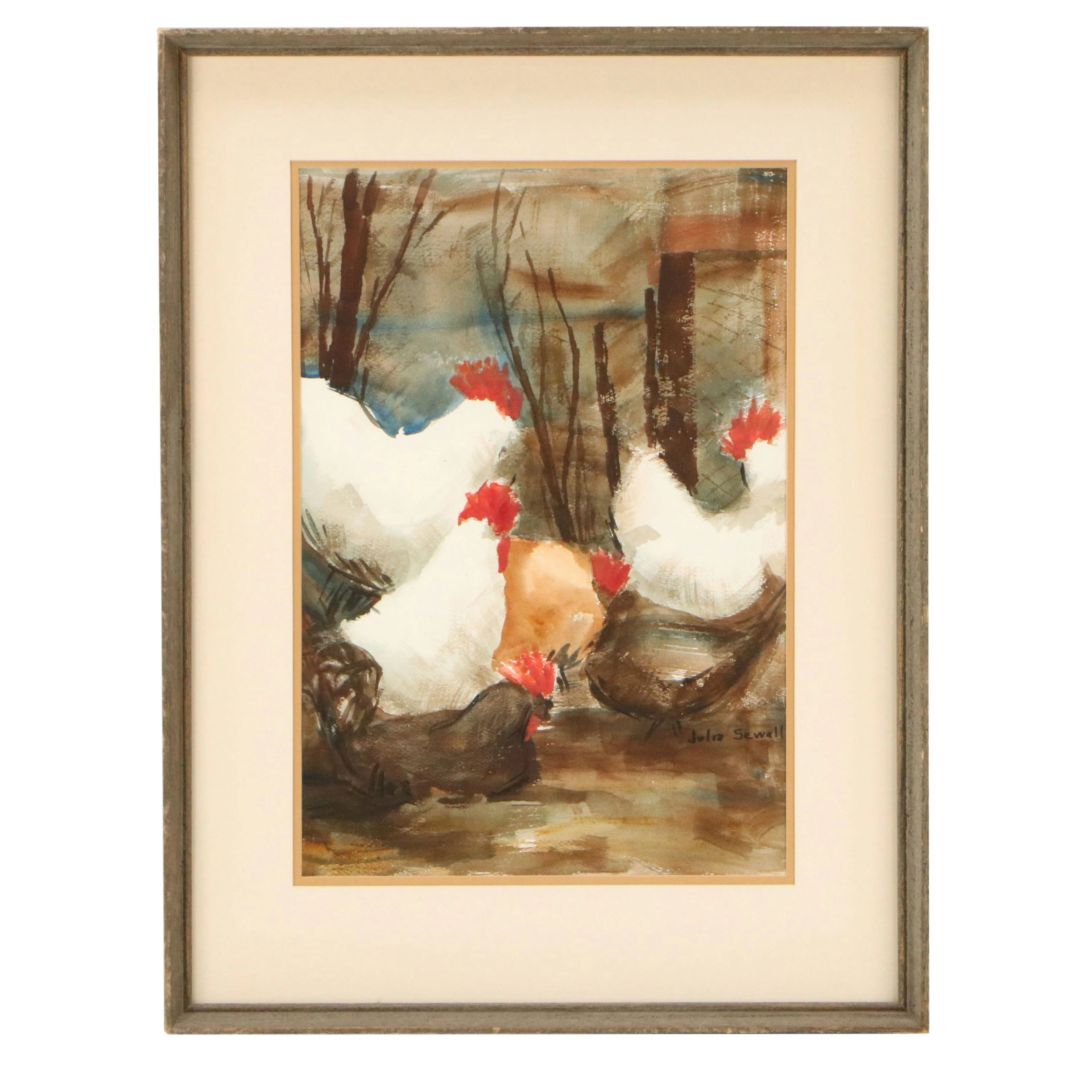 Julia Sewell Watercolor Painting of Chickens