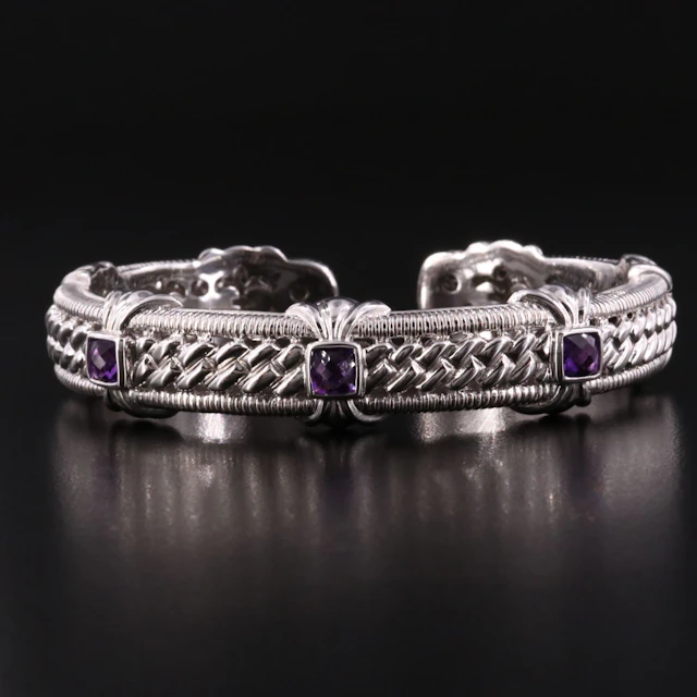 Judith Ripka Sterling and Amethyst Station Cuff Bracelet