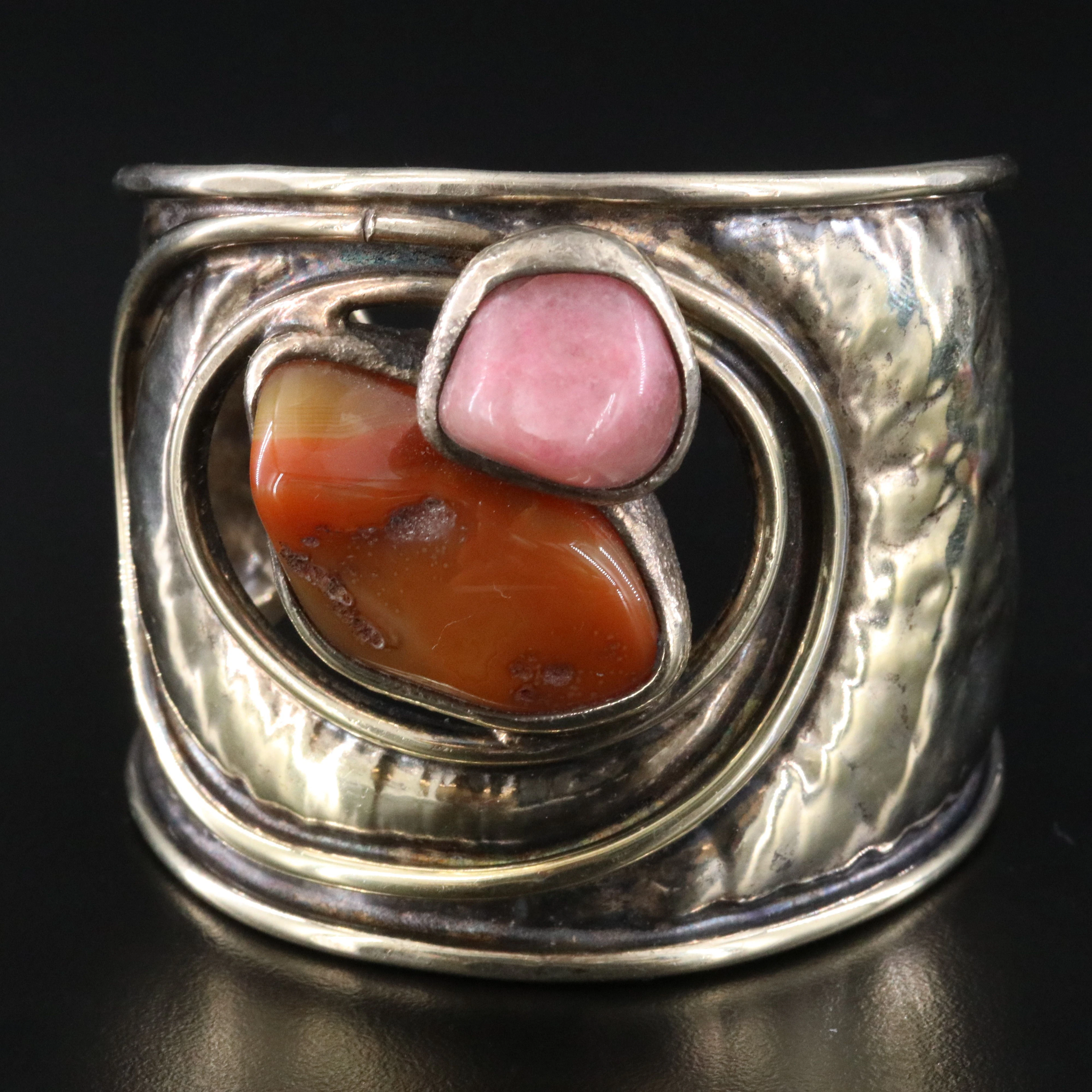 Modernist Style Agate and Rhodonite Signed Cuff Bracelet
