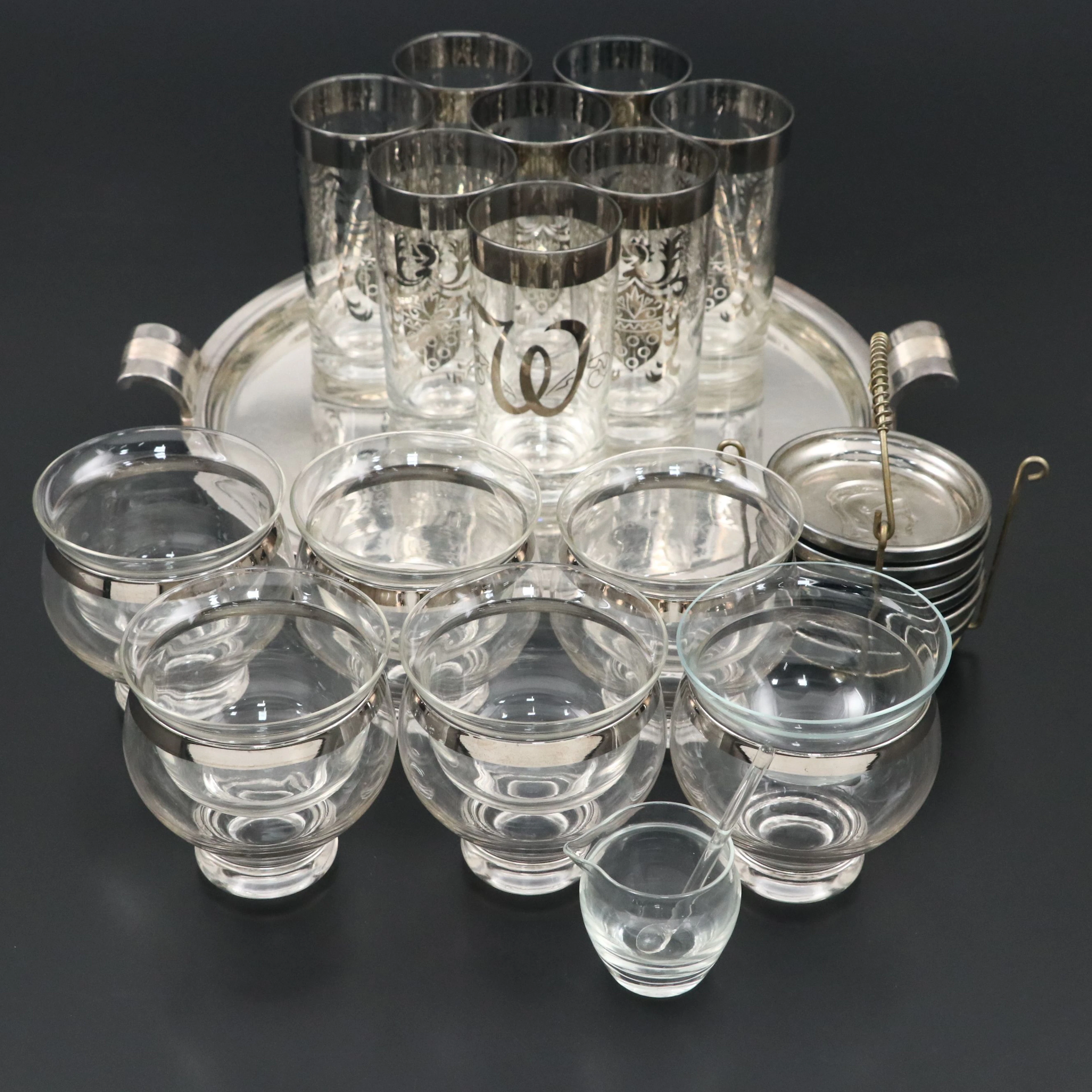 Mid Century Modern Silver Rimmed Highball and Lowball Glasses and More
