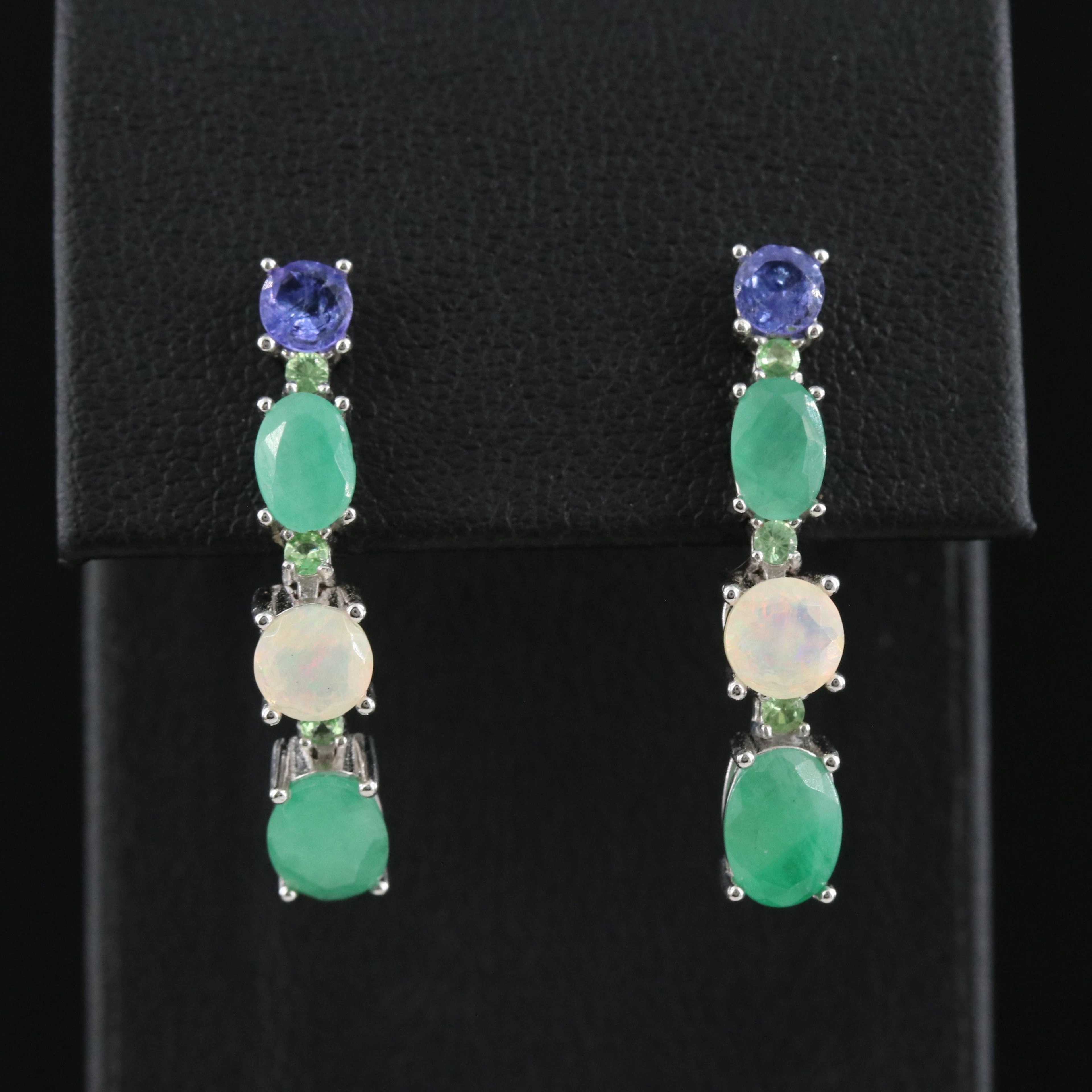 Sterling Gemstone Earrings Featuring Tanzanite and Emerald