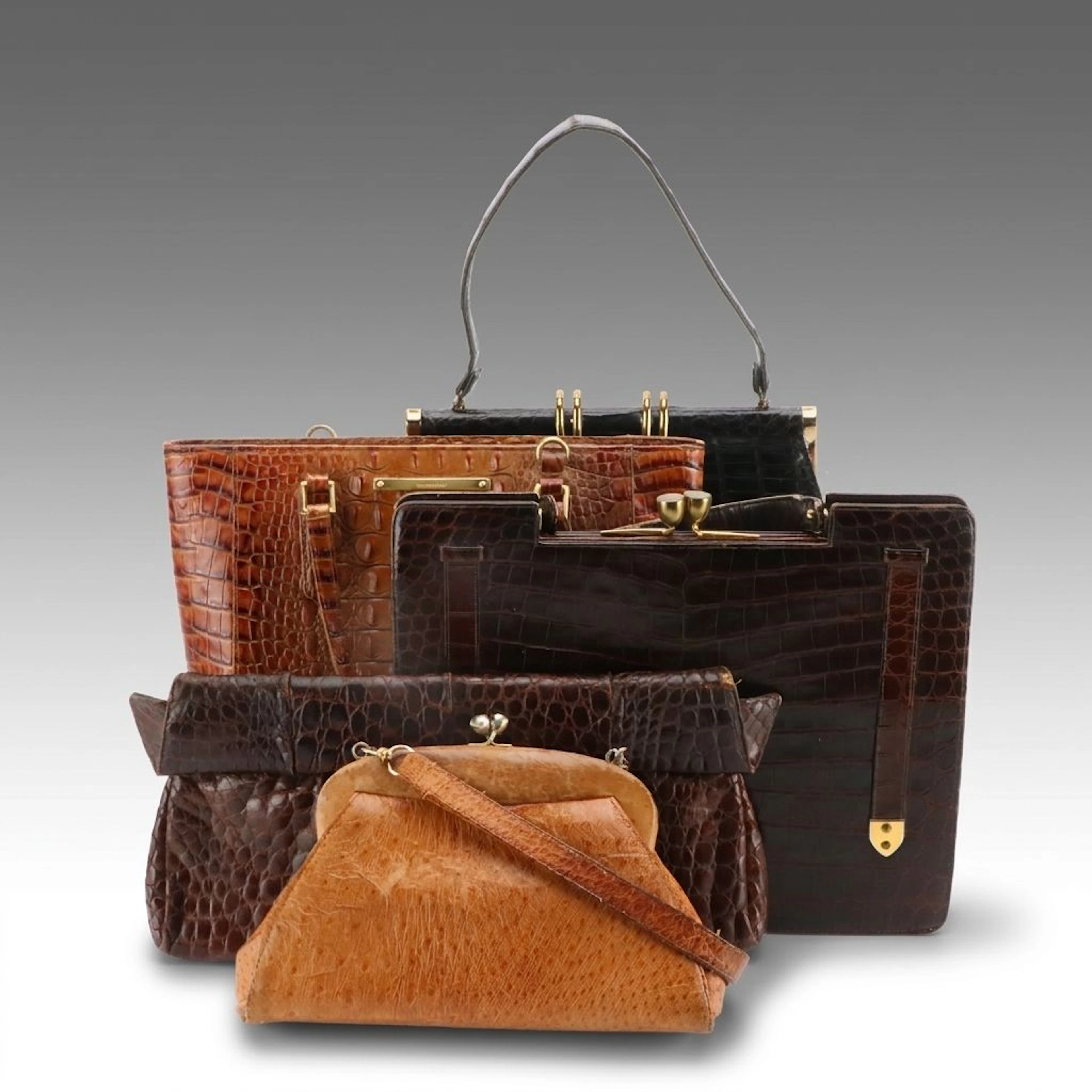 Vassar Black Alligator Framed Handbag with Ostrich and Embossed Leather