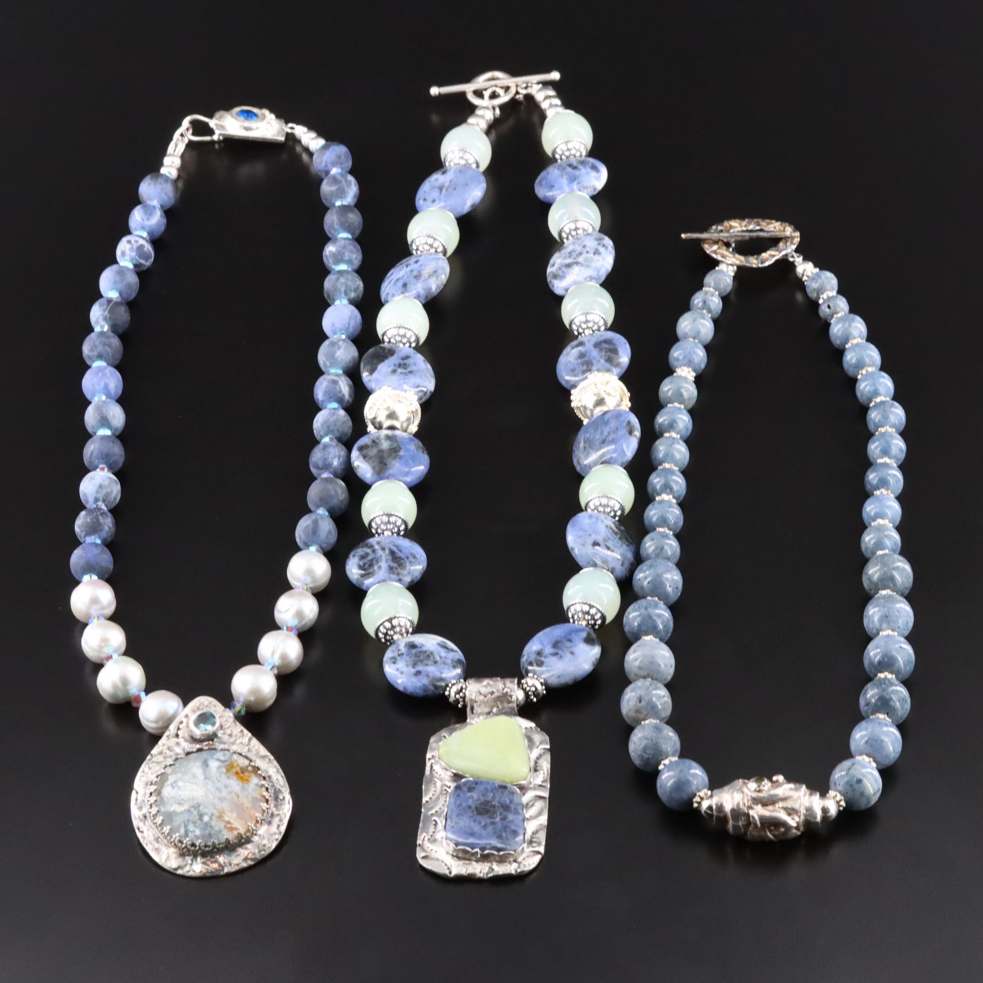 999 Silver, Sodalite, Agate and Serpentine Featured in Necklace Trio