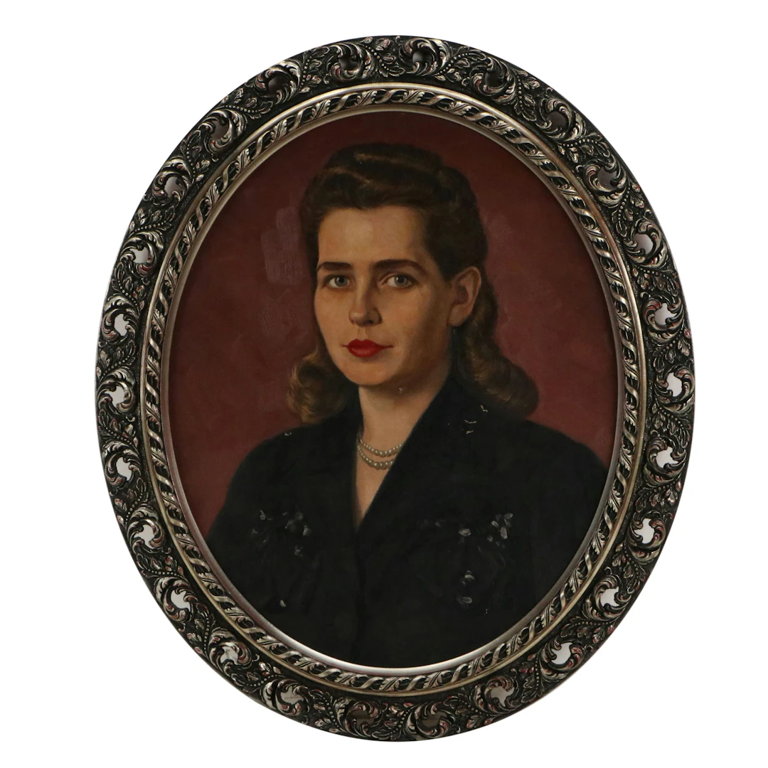 Oil Portrait of Woman with Red Lipstick, 1940s