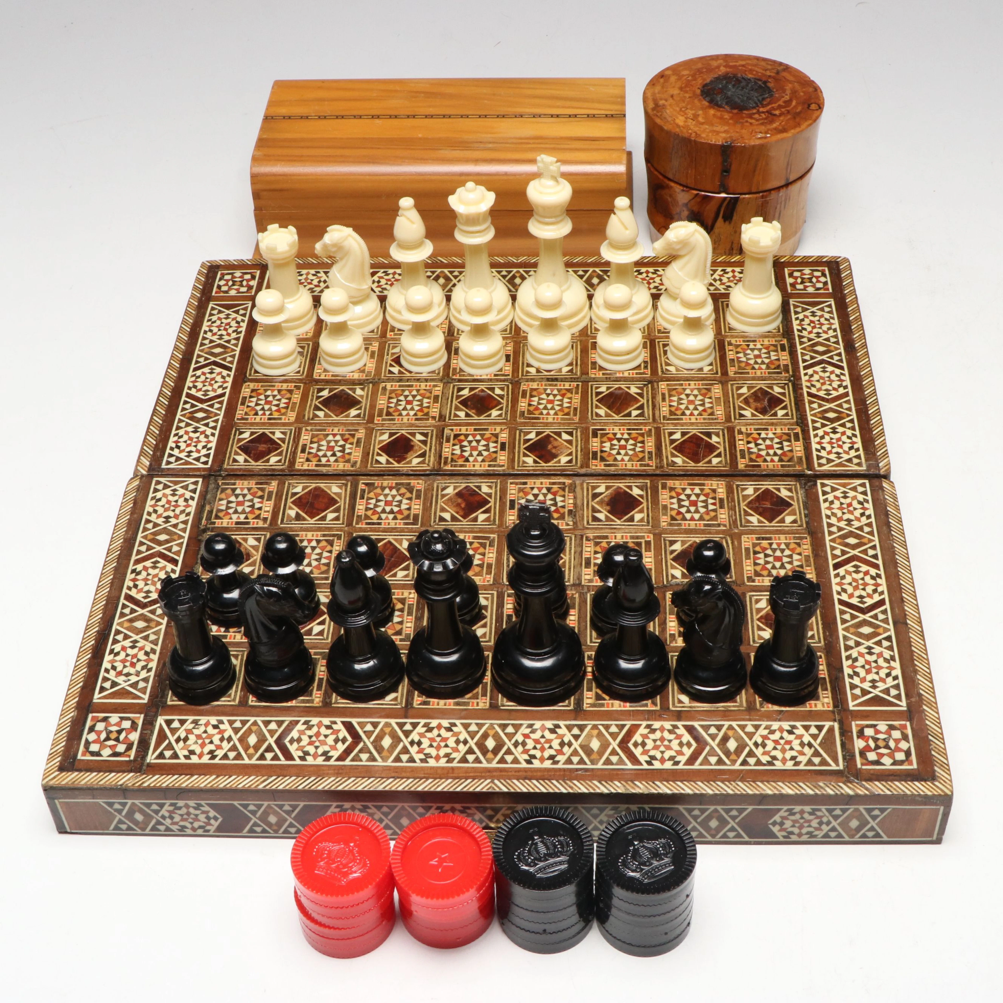Middle Eastern Style Mosaic Inlaid Chess and Checkers Set with Boxes
