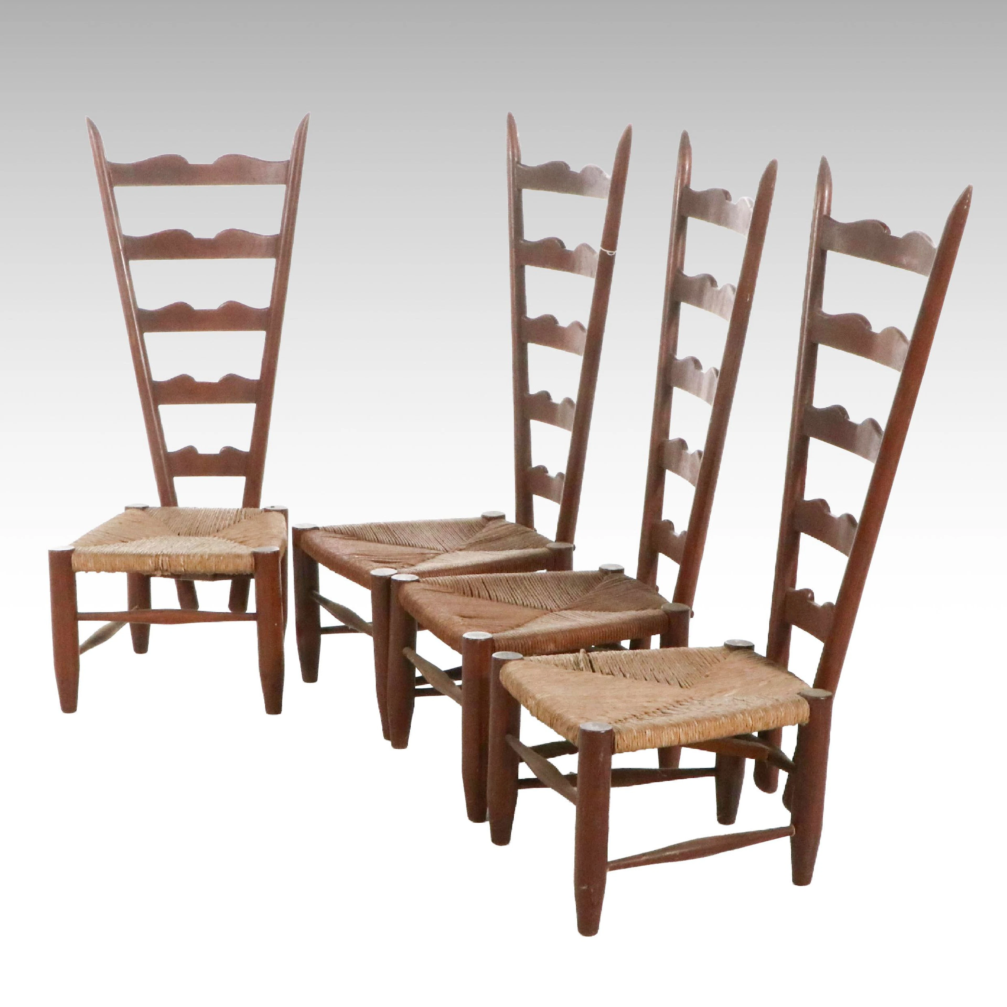 Set of Four Gio Ponti Style Ladder Back Fireside Chairs with Rush Seats