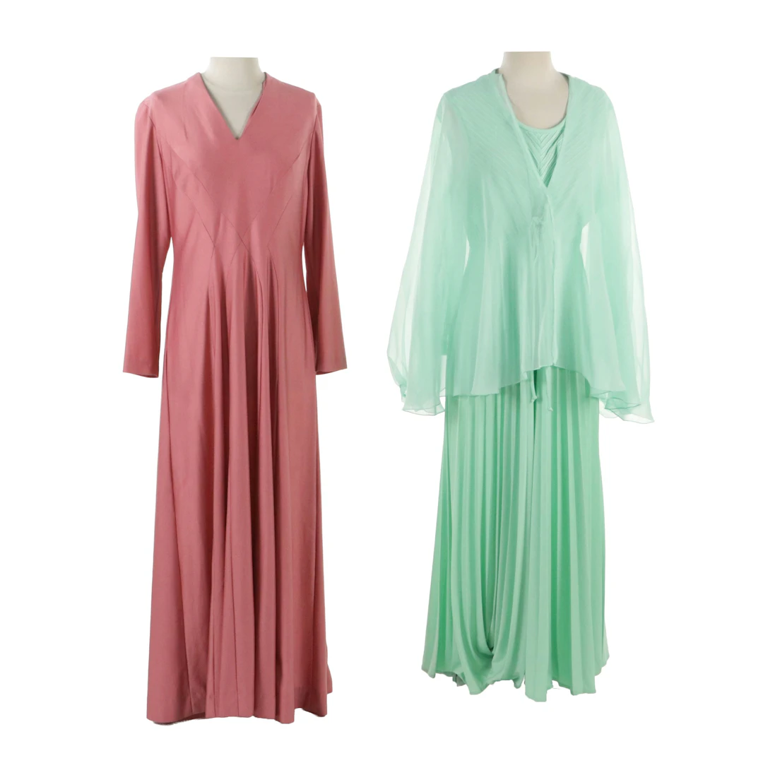 Alfred Werber Mauve Paneled V-Neck Gown, Other Mint Green Draped Gown, Vintage